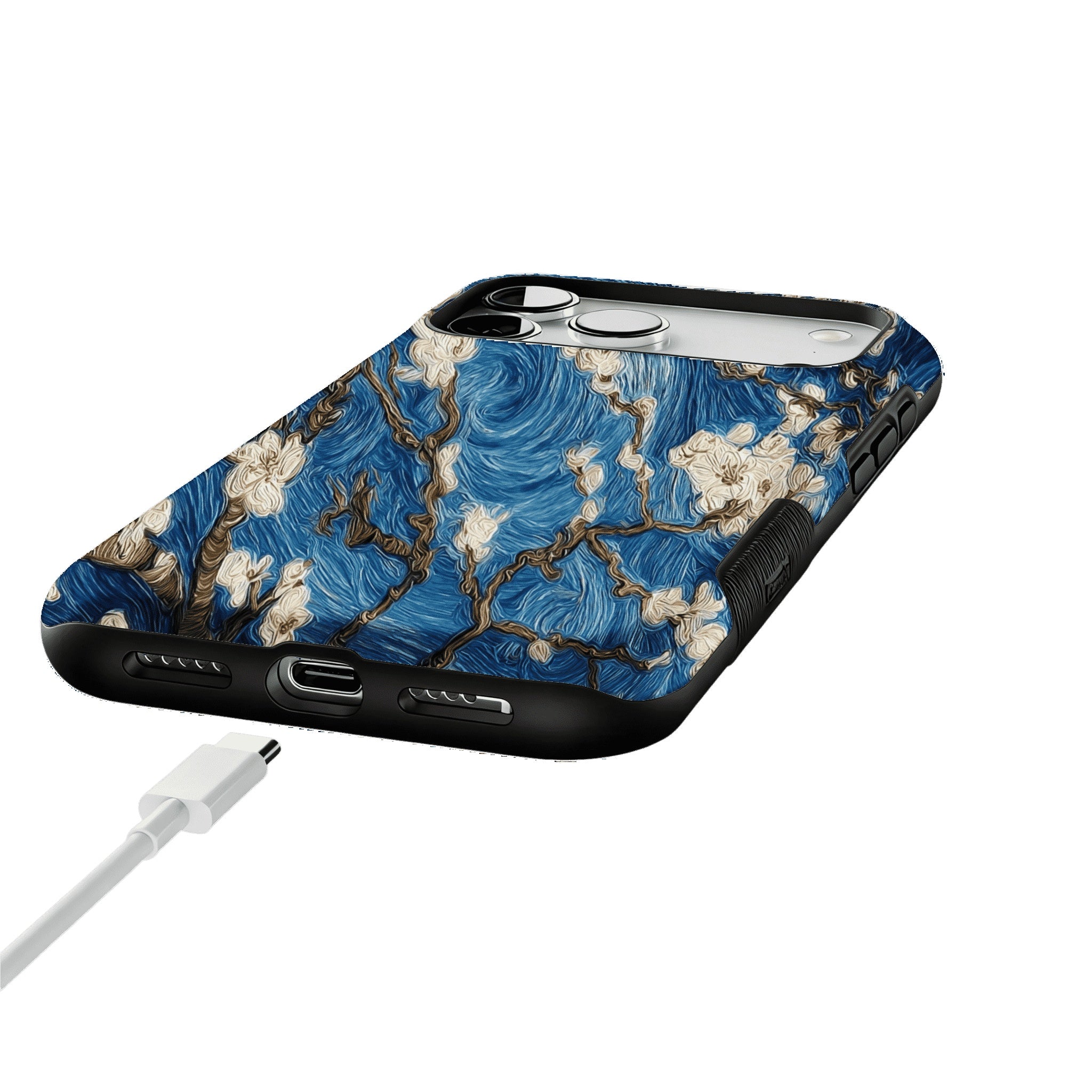 Deep Blue Swirl Texture Almond Blossom Oil Art Shockproof iPhone Case