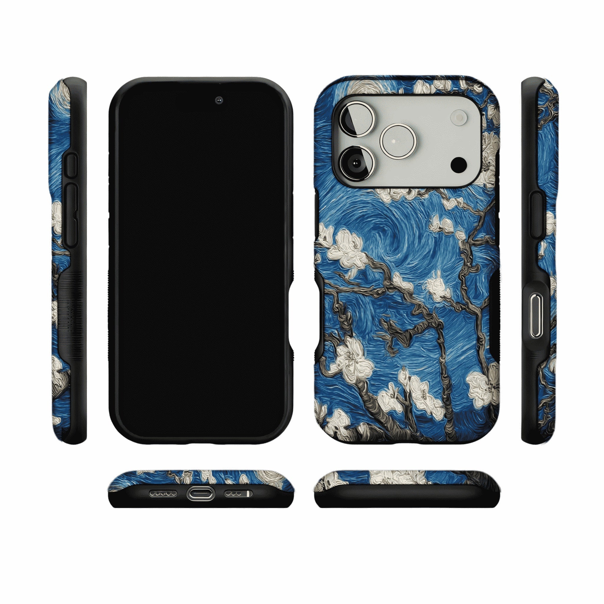 Deep Blue Swirl Texture Almond Blossom Oil Art Shockproof iPhone Case