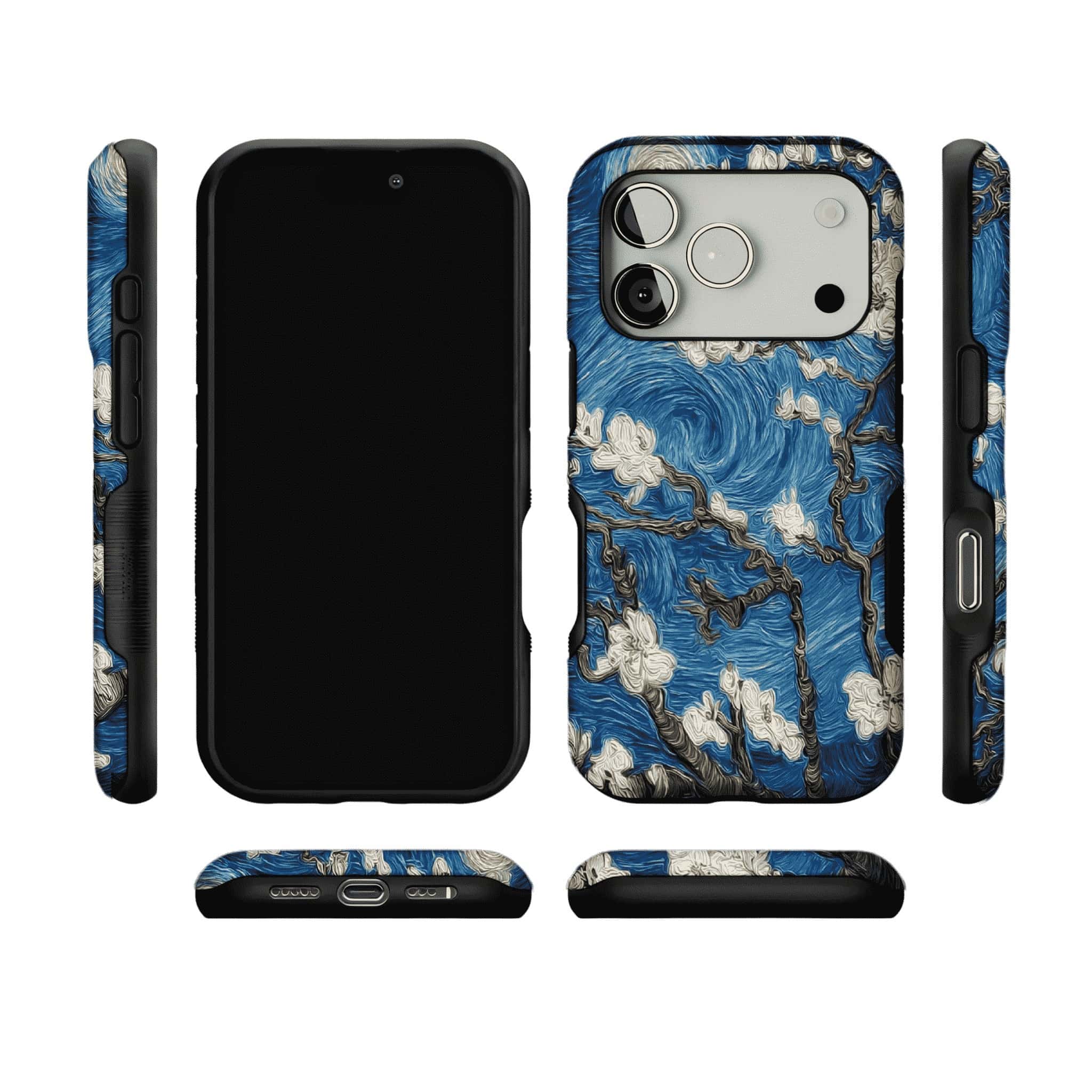 Deep Blue Swirl Texture Almond Blossom Oil Art Shockproof iPhone Case