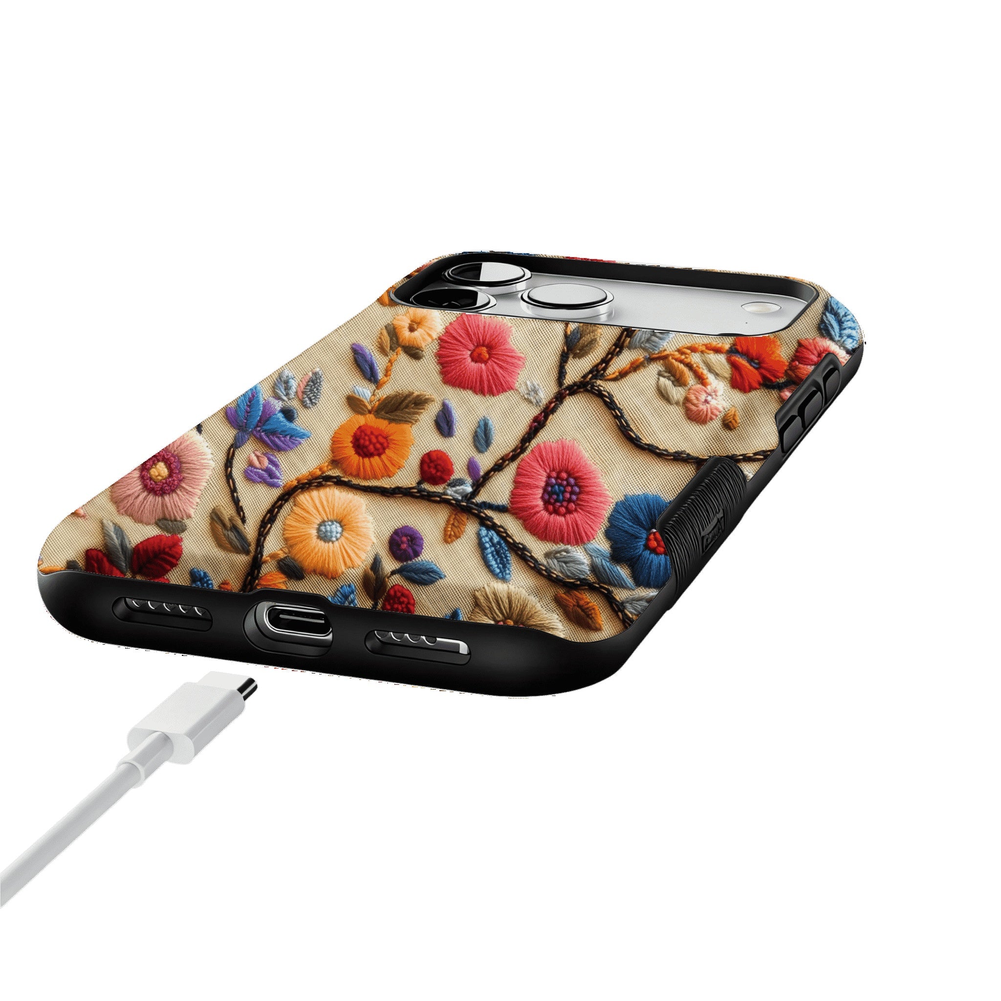 Retro Embroidery Colorful Flower Phone Case, Shockproof Anti-slip iPhone Cover