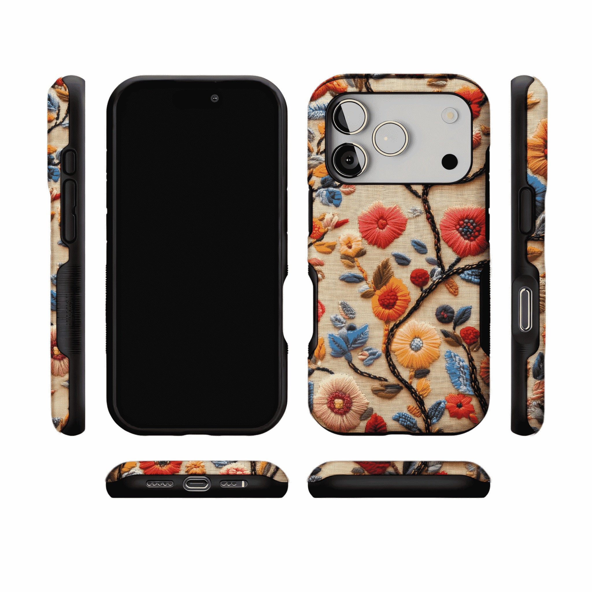 Retro Embroidery Colorful Flower Phone Case, Shockproof Anti-slip iPhone Cover