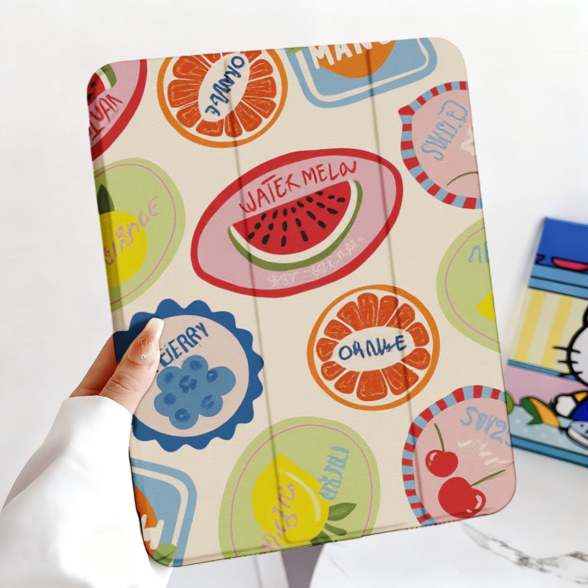 Cream Base Retro Multi Fruit Label Cute Cottage Minimal iPad Cover