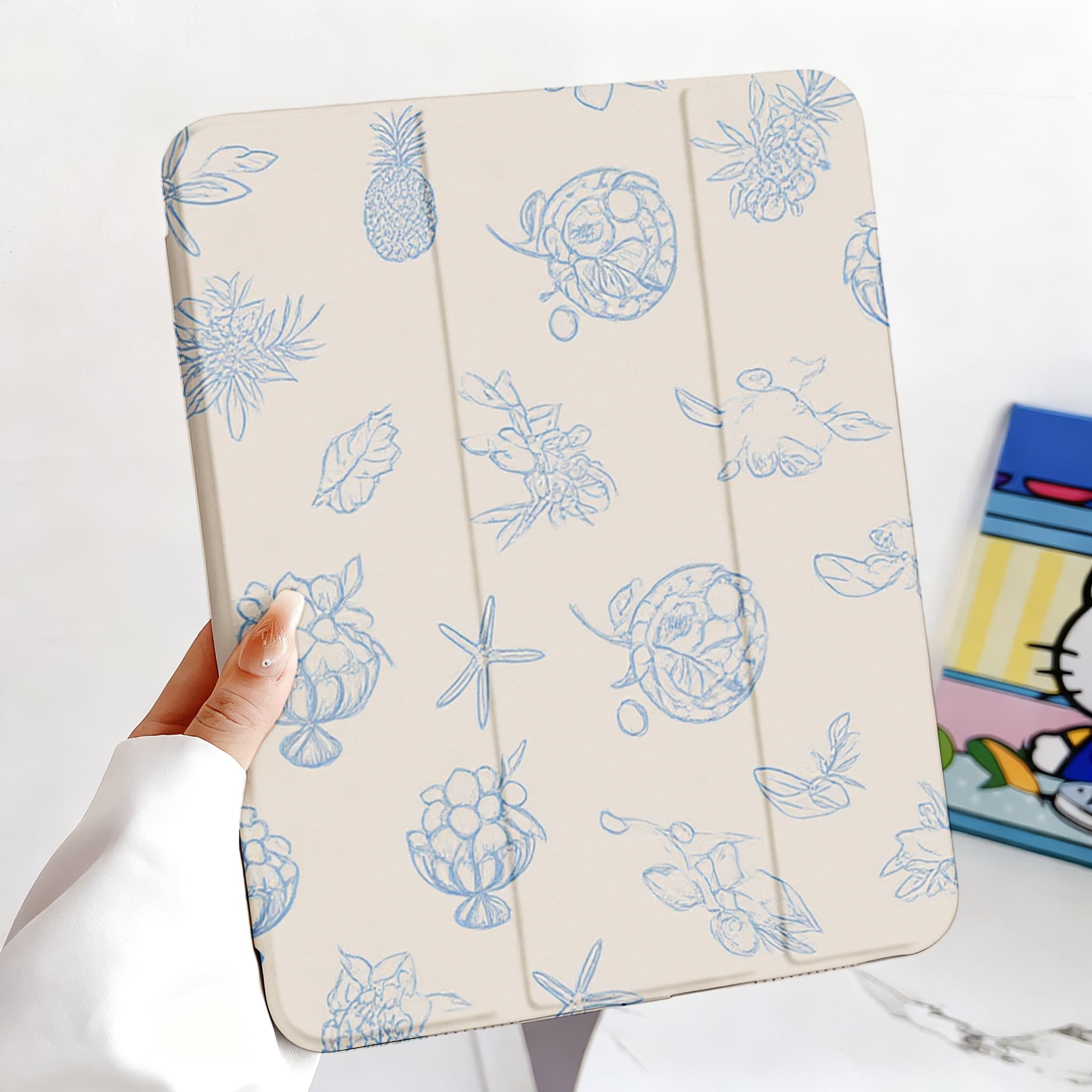 Off White Blue Line Tropical Fruit Print iPad Case, Tri-Fold Magnetic Shockproof PU Cover