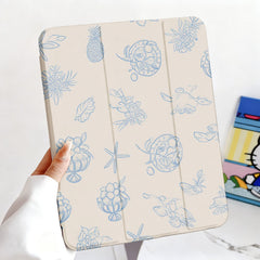 Off White Blue Line Tropical Fruit Print iPad Case, Tri-Fold Magnetic Shockproof PU Cover