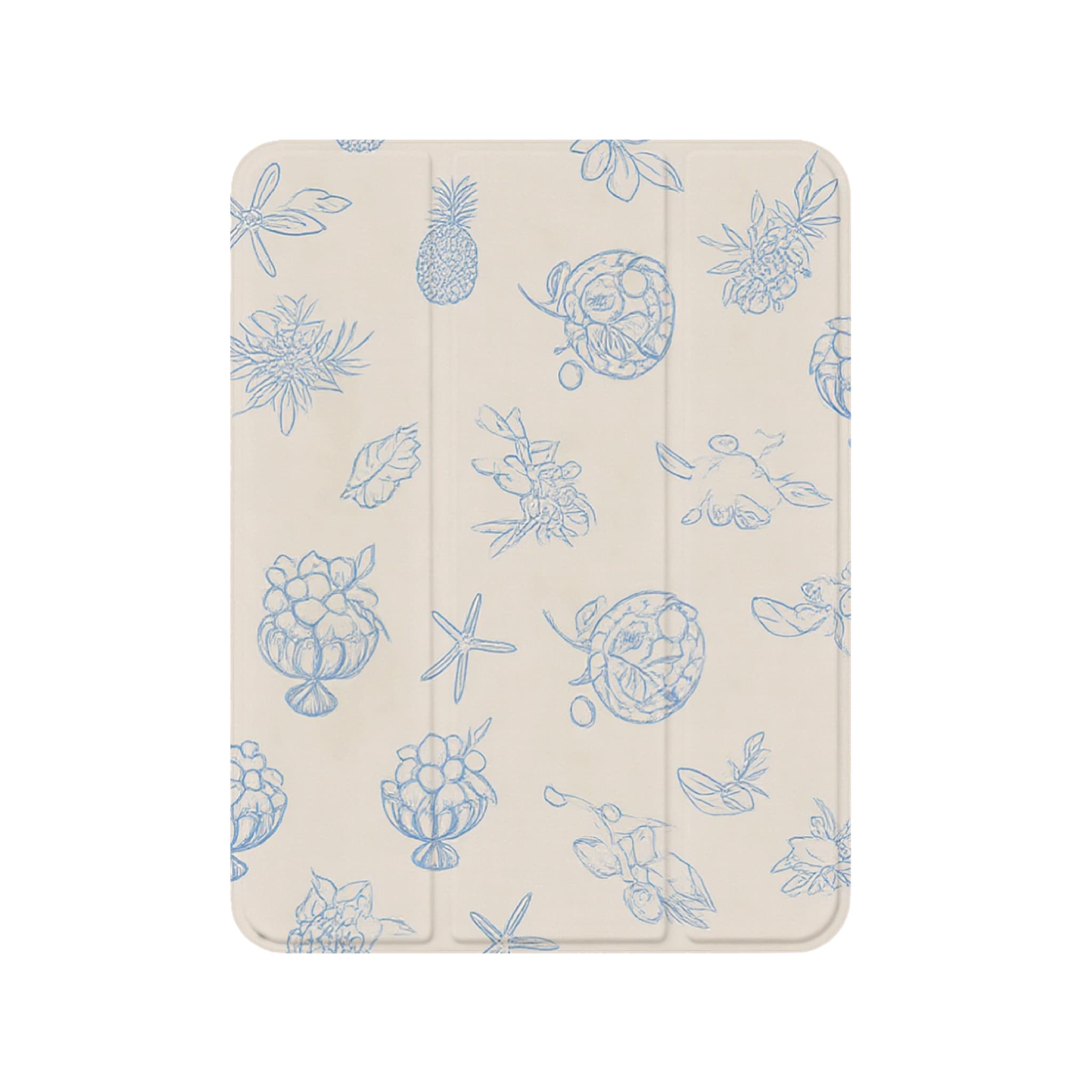 Off White Blue Line Tropical Fruit Print iPad Case, Tri-Fold Magnetic Shockproof PU Cover