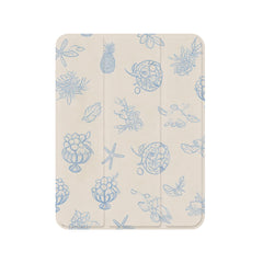 Off White Blue Line Tropical Fruit Print iPad Case, Tri-Fold Magnetic Shockproof PU Cover