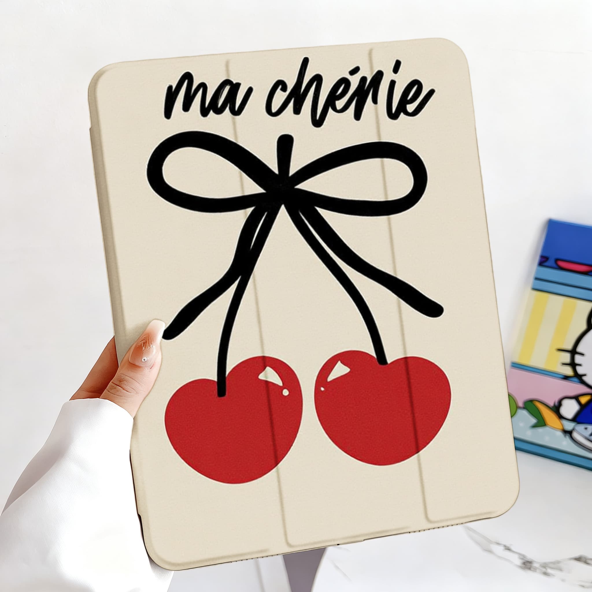 Cute French Script Red Heart Cherry Bow Anti-Scratch Magnetic Tri-Fold iPad Case