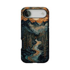 Woodcut Style Mountain Forest Anti-slip Shockproof Vintage iPhone Case