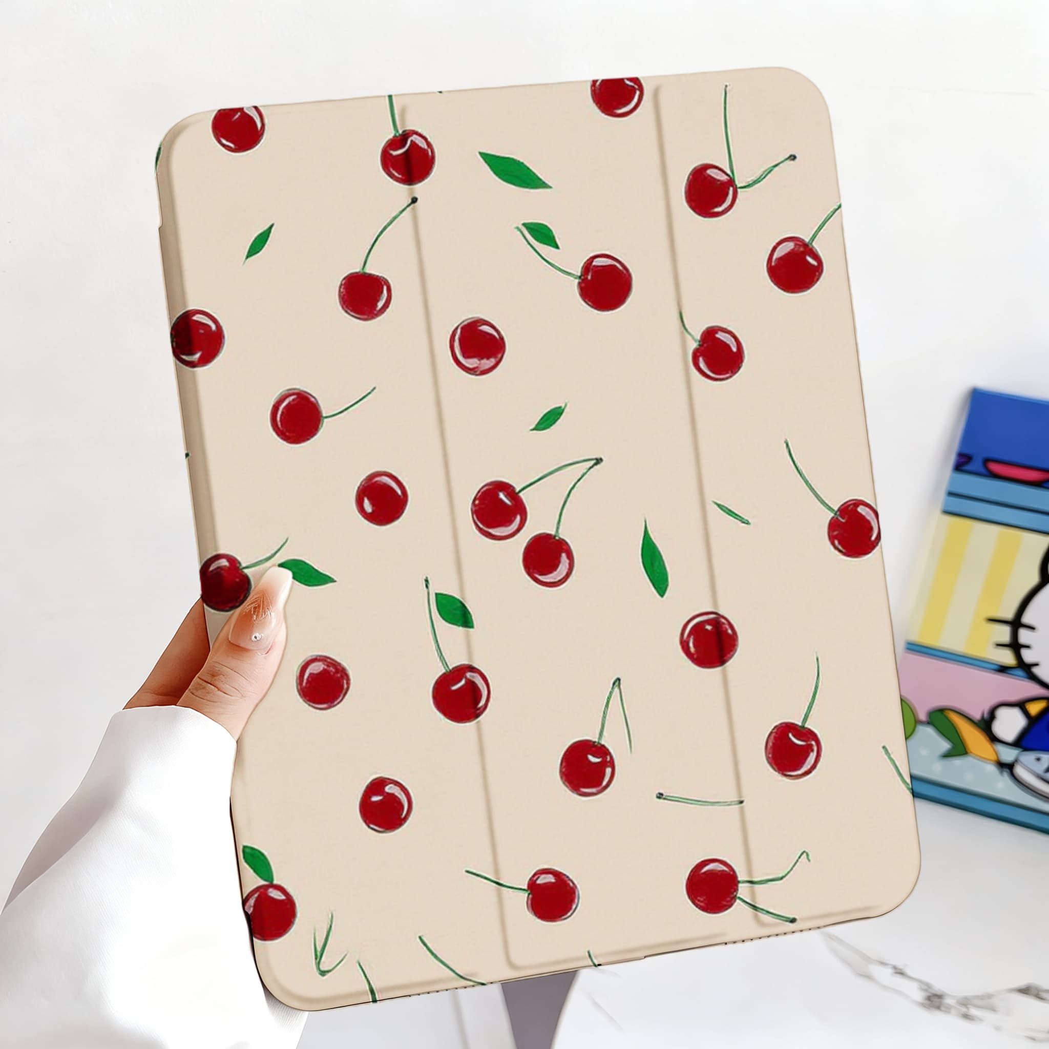 Cute Watercolor Cherry Leaf Anti-Scratch Magnetic Tri-Fold iPad Case