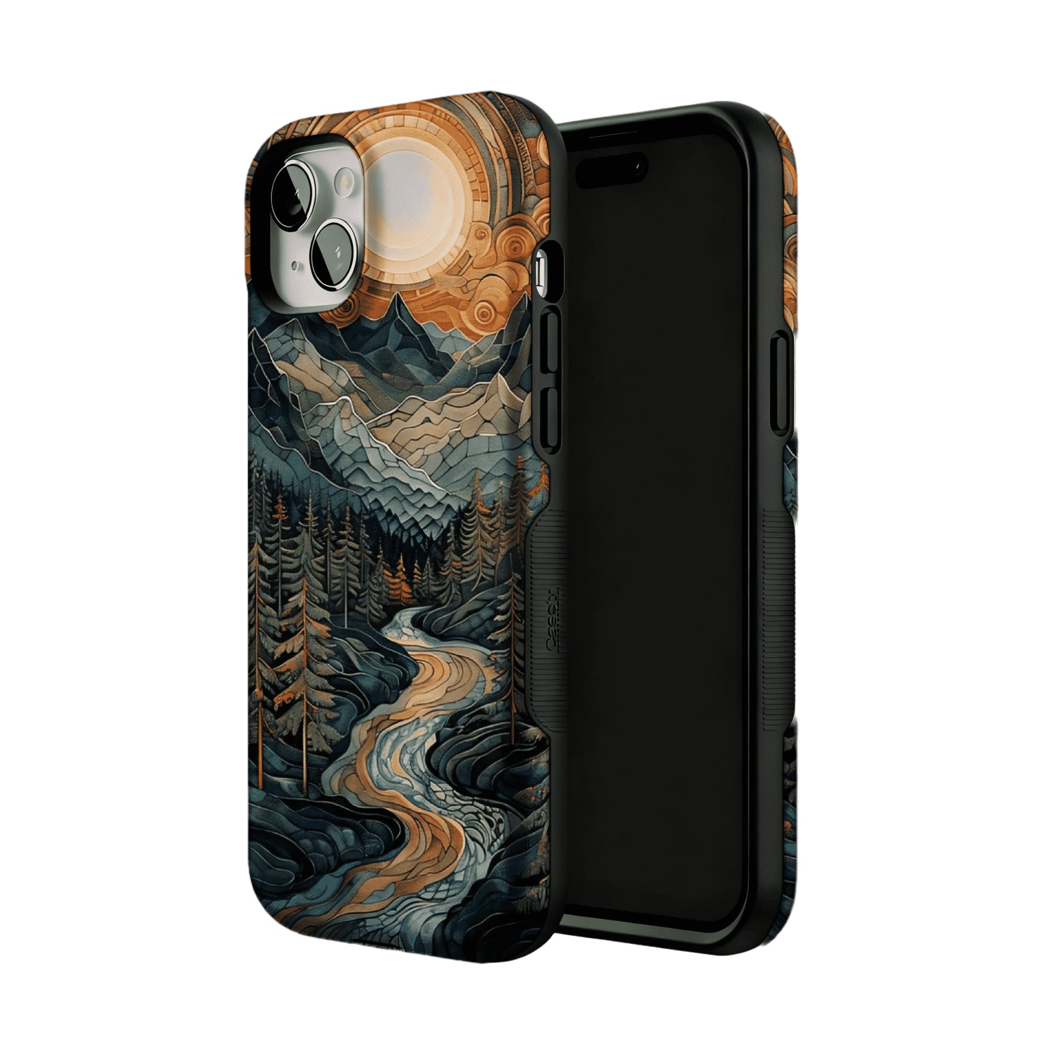 Woodcut Style Mountain Forest Anti-slip Shockproof Vintage iPhone Case