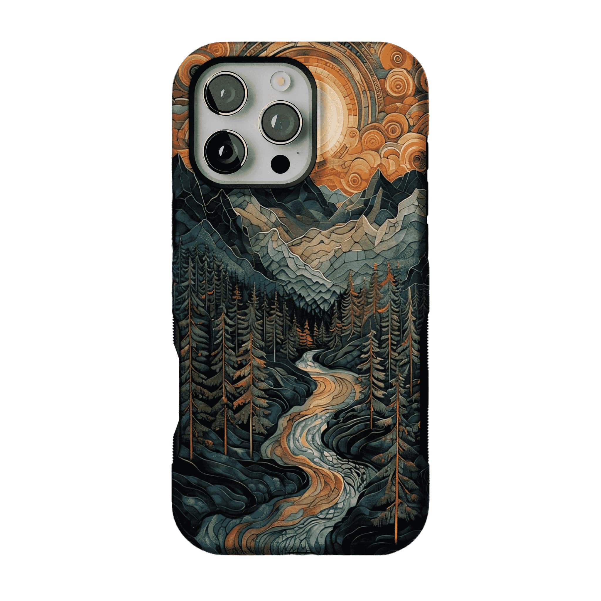 Woodcut Style Mountain Forest Anti-slip Shockproof Vintage iPhone Case