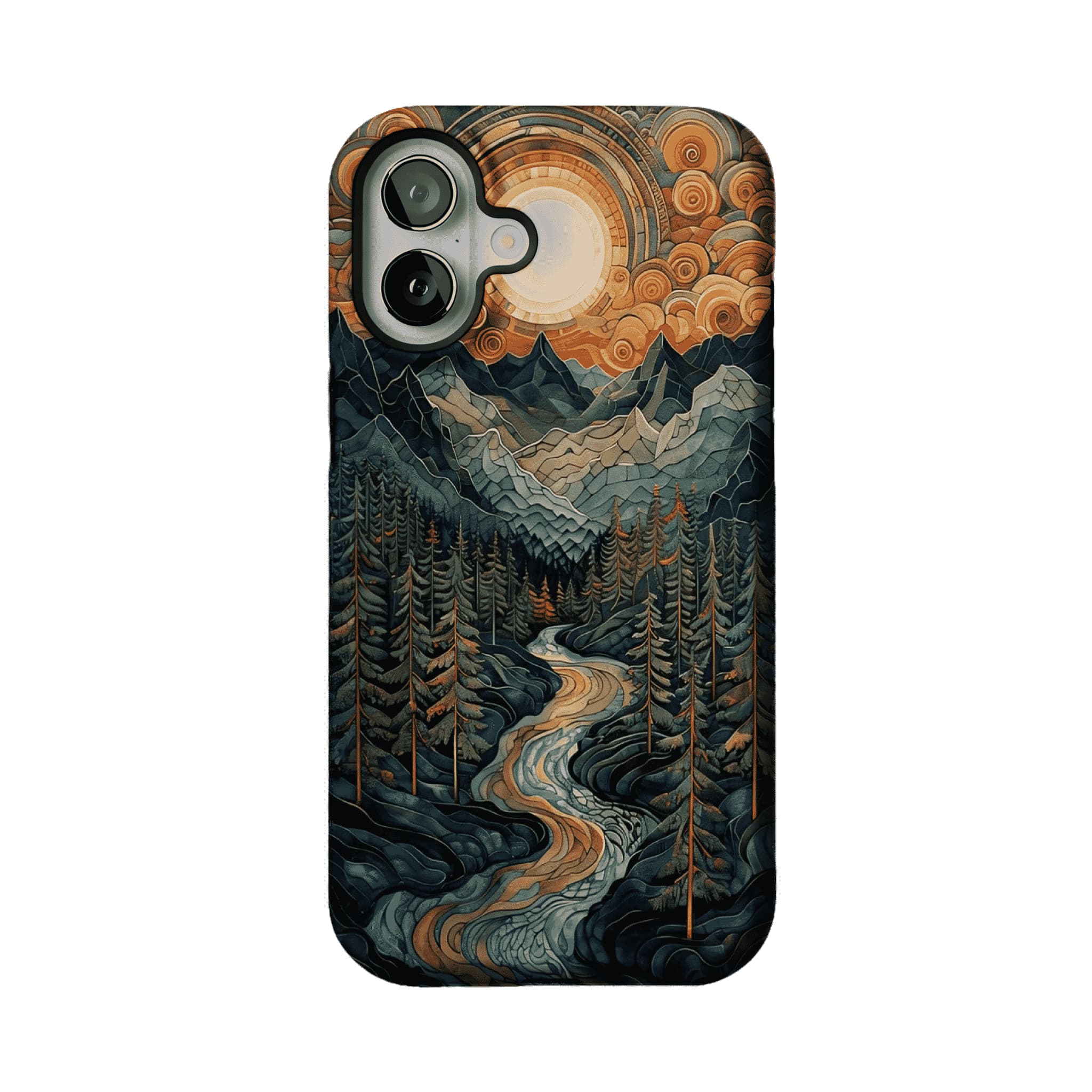 Woodcut Style Mountain Forest Anti-slip Shockproof Vintage iPhone Case
