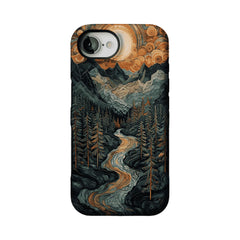 Woodcut Style Mountain Forest Anti-slip Shockproof Vintage iPhone Case
