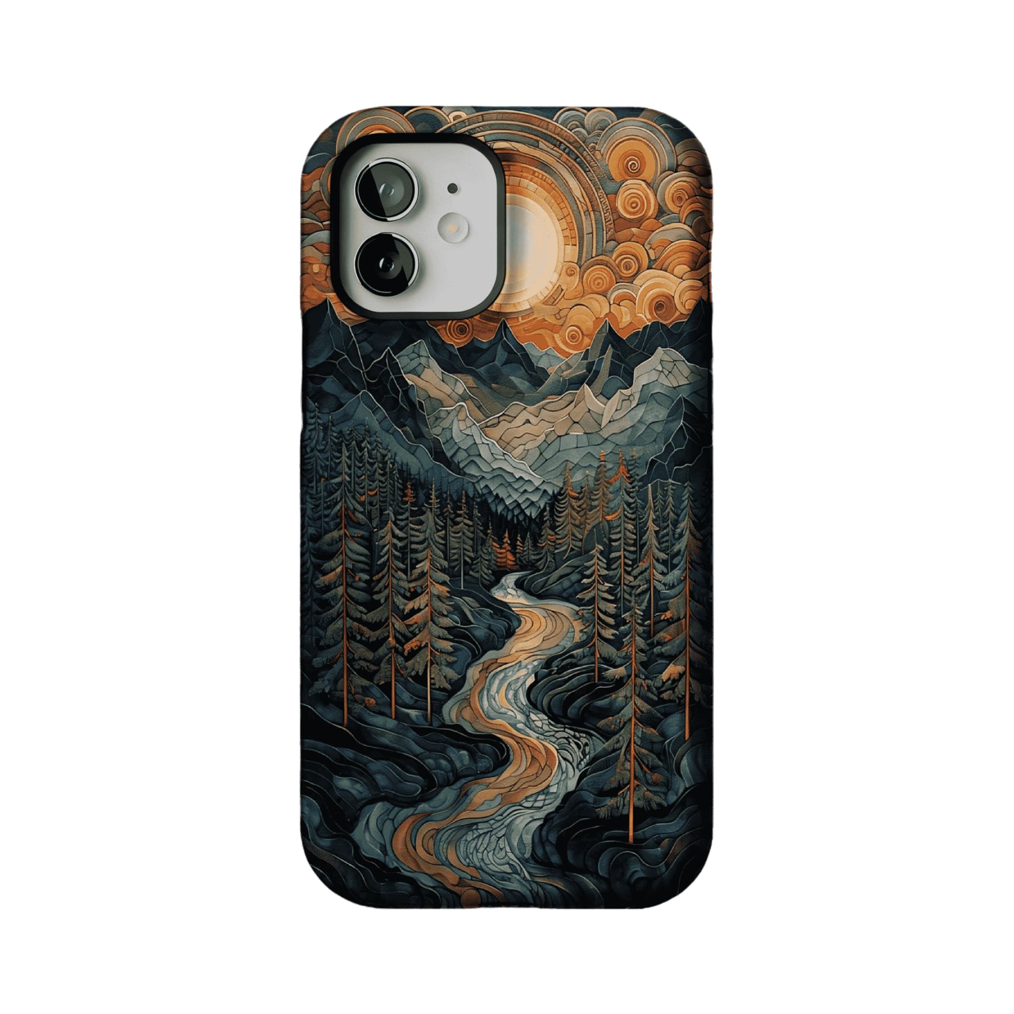 Woodcut Style Mountain Forest Anti-slip Shockproof Vintage iPhone Case