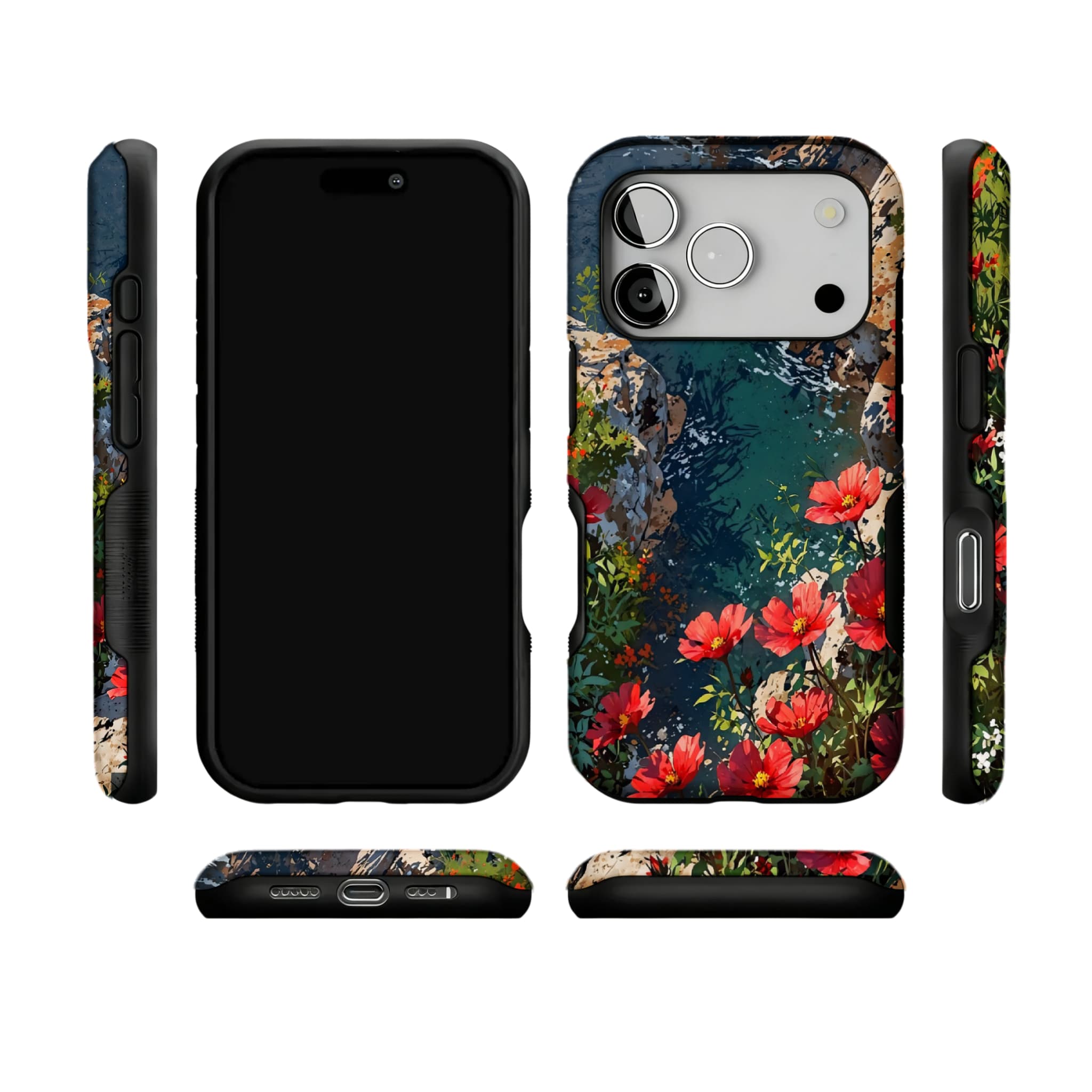 Nature Wild Red Flower Cliff Creek Oil Shockproof Anti-slip iPhone Case