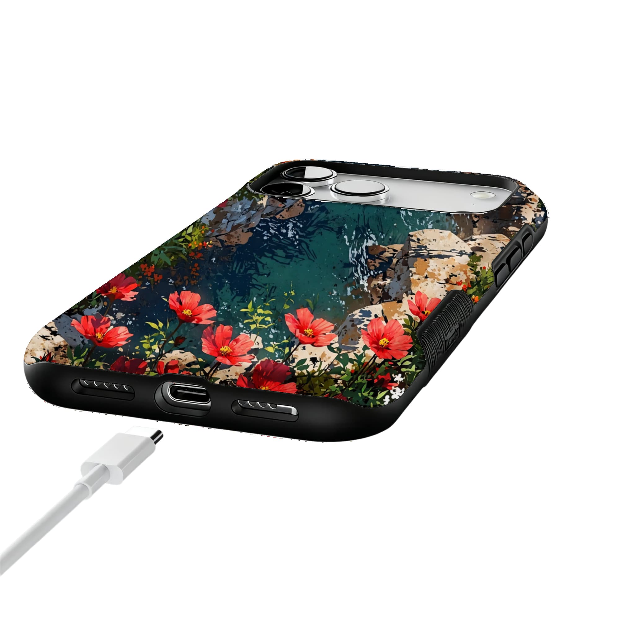 Nature Wild Red Flower Cliff Creek Oil Shockproof Anti-slip iPhone Case