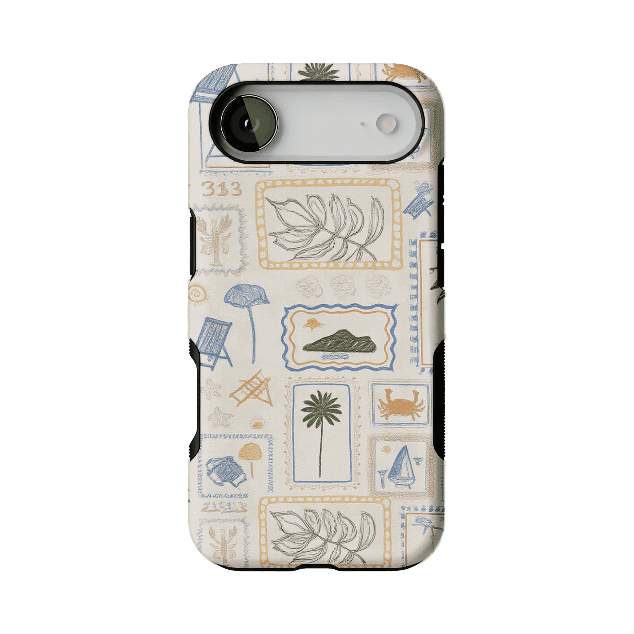 Hand Drawn Postage Stamp Beach Palm Crab Island Cream Base iPhone Cover