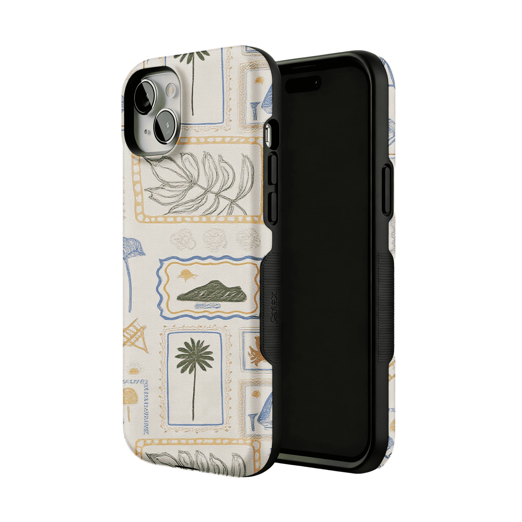 Hand Drawn Postage Stamp Beach Palm Crab Island Cream Base iPhone Cover