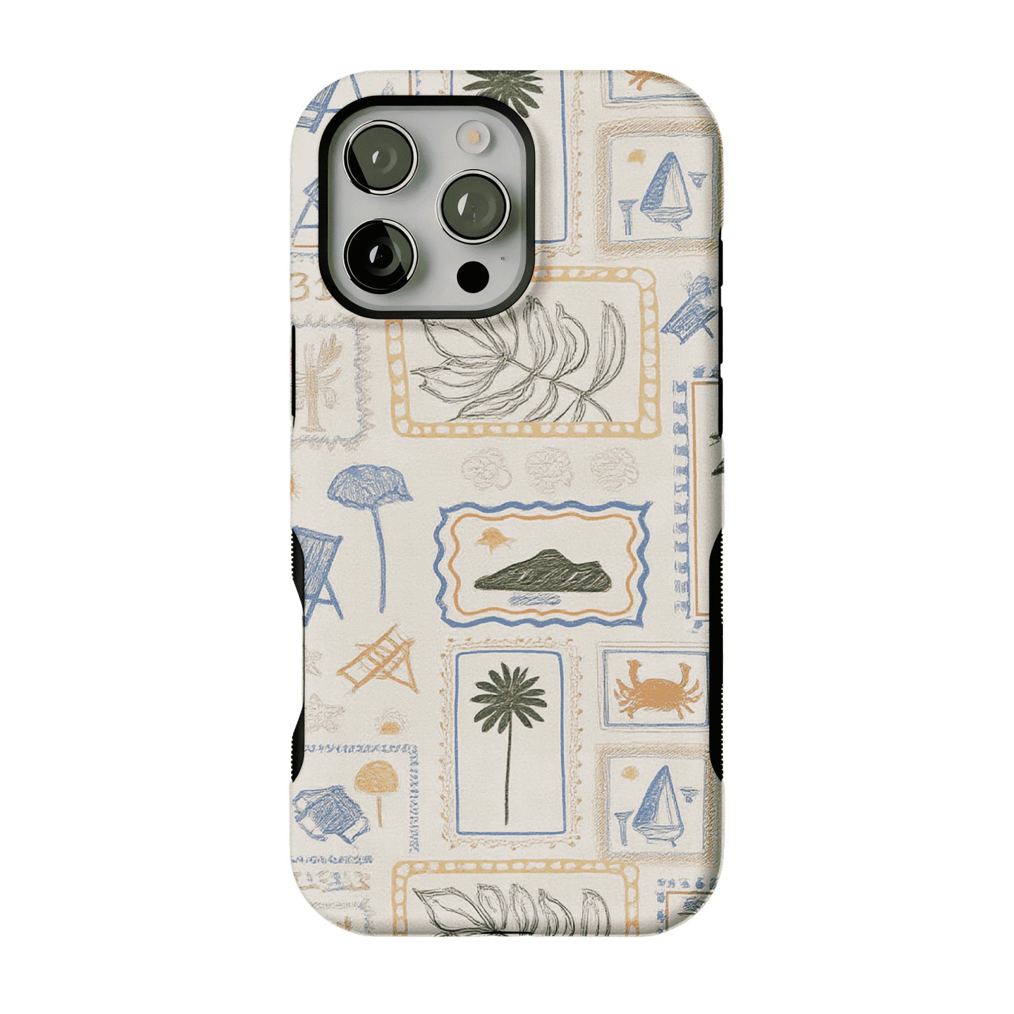 Hand Drawn Postage Stamp Beach Palm Crab Island Cream Base iPhone Cover
