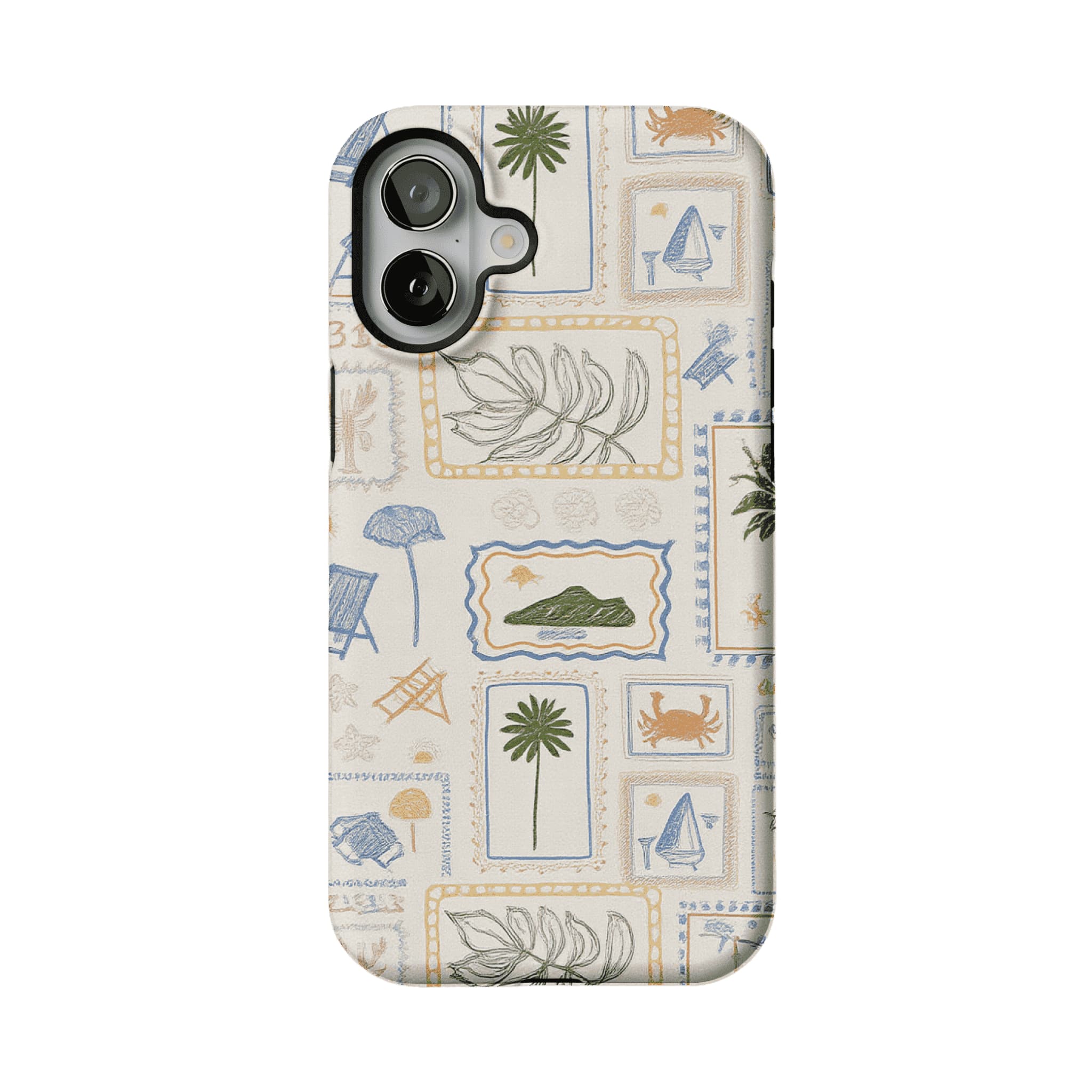 Hand Drawn Postage Stamp Beach Palm Crab Island Cream Base iPhone Cover