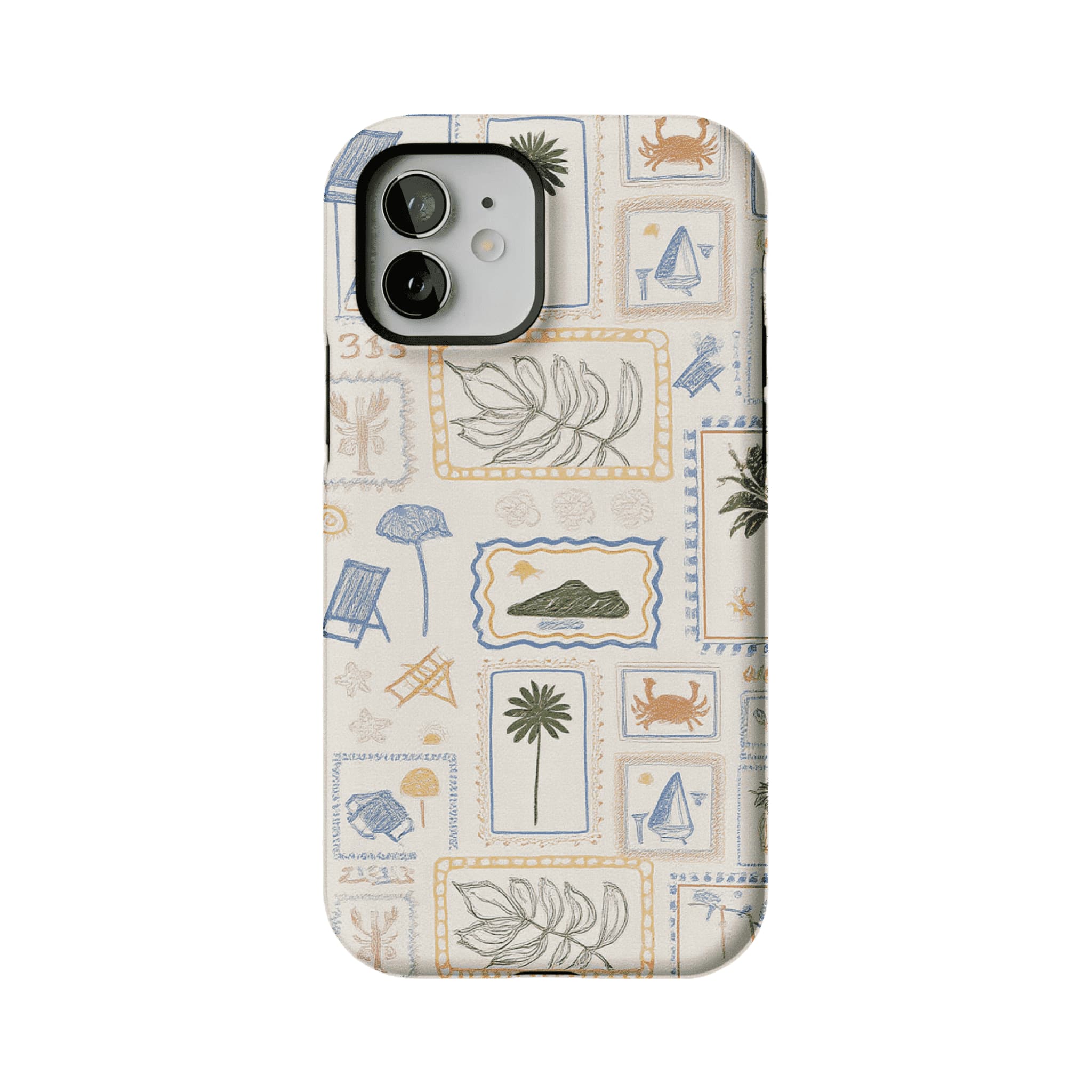 Hand Drawn Postage Stamp Beach Palm Crab Island Cream Base iPhone Cover