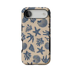 Vintage Rubber Stamp Blue Seashell Starfish Coastal Art Shockproof iPhone Case