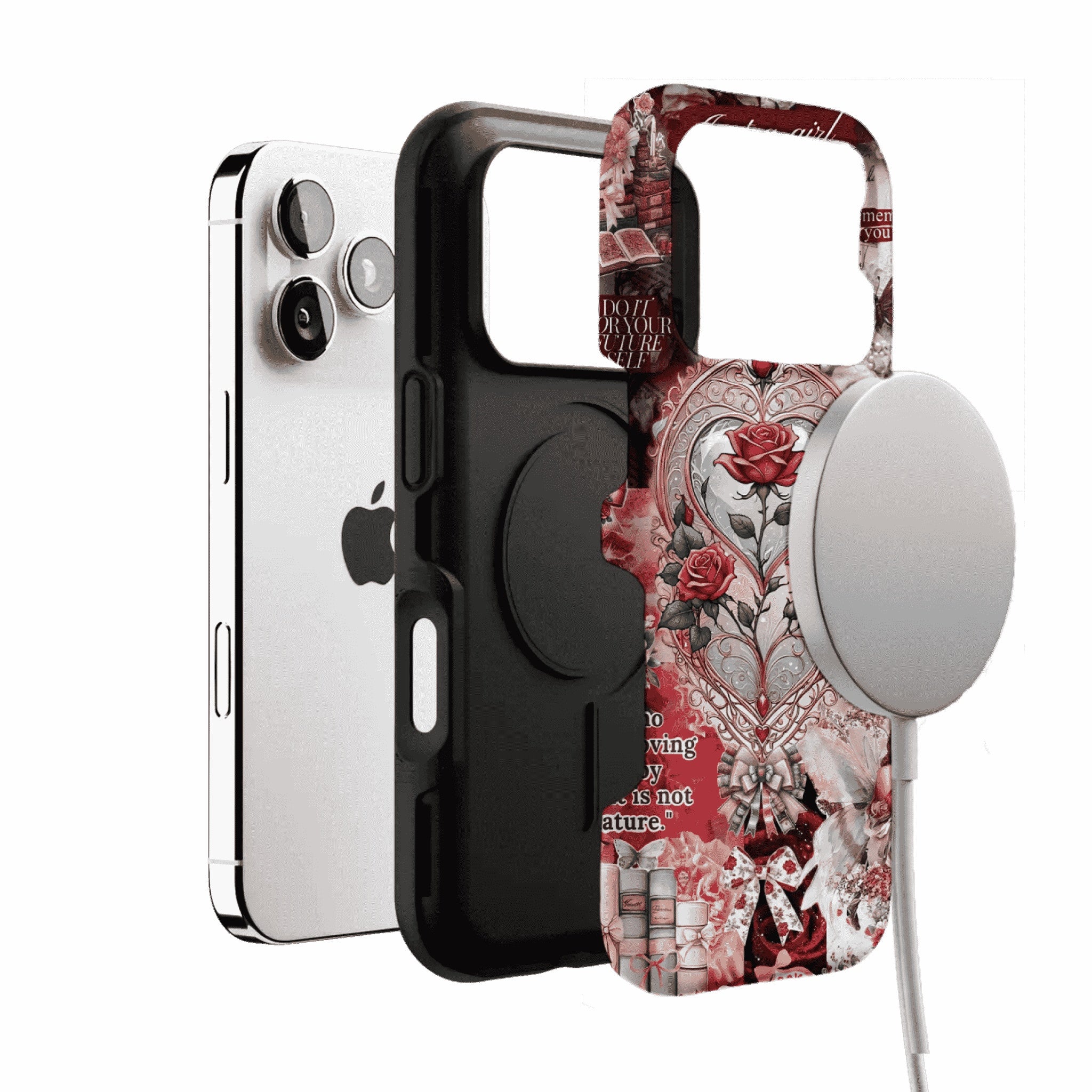 Vintage Victorian Red Rose Scrapbook Phone Case, Romantic iPhone Cover