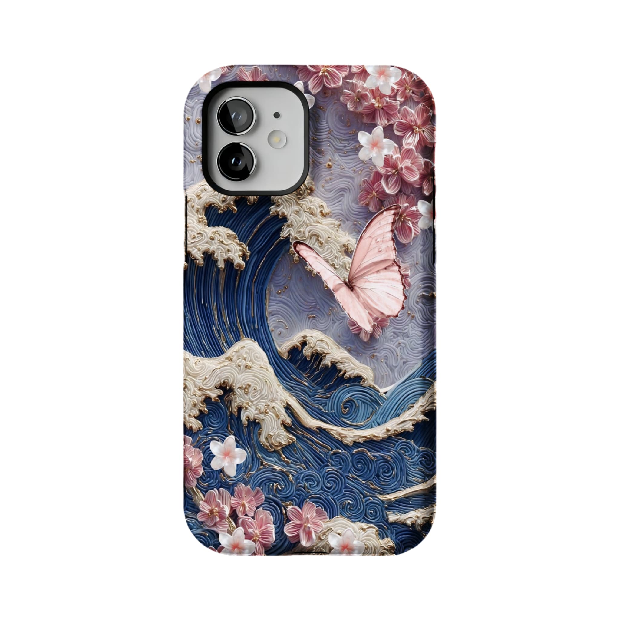 Japanese Wave Sakura 3D Embossed Phone Case | Luxury Butterfly Shockproof Cover