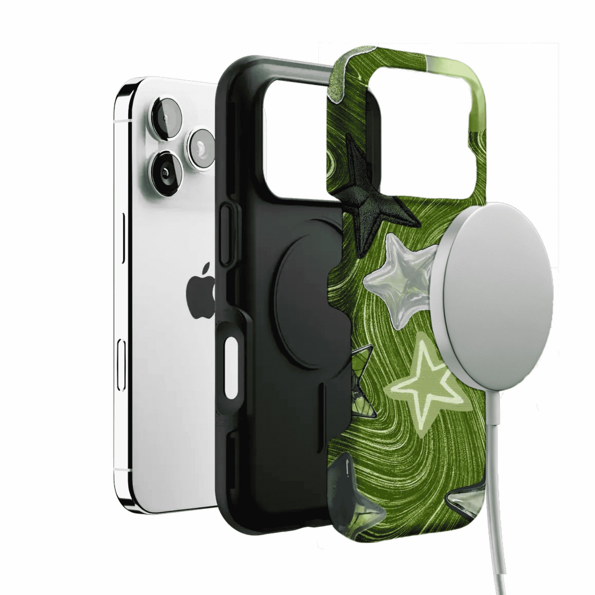 Cute Green Swirl Star Phone Case, Y2K Shockproof Anti-slip iPhone Cover