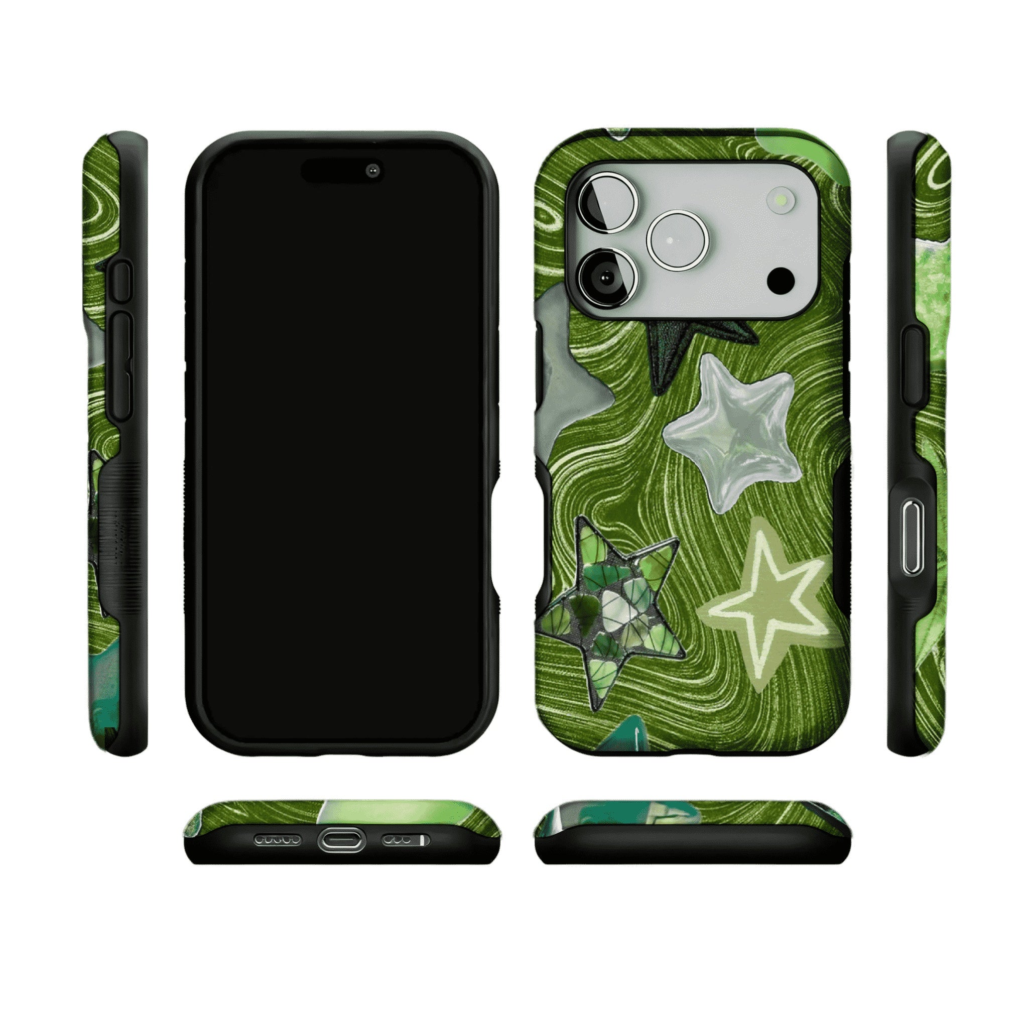 Cute Green Swirl Star Phone Case, Y2K Shockproof Anti-slip iPhone Cover