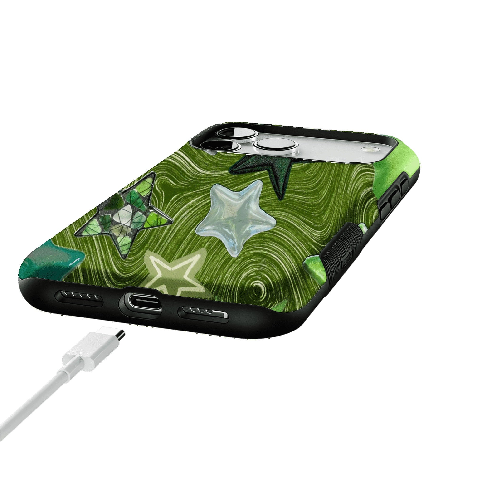 Cute Green Swirl Star Phone Case, Y2K Shockproof Anti-slip iPhone Cover