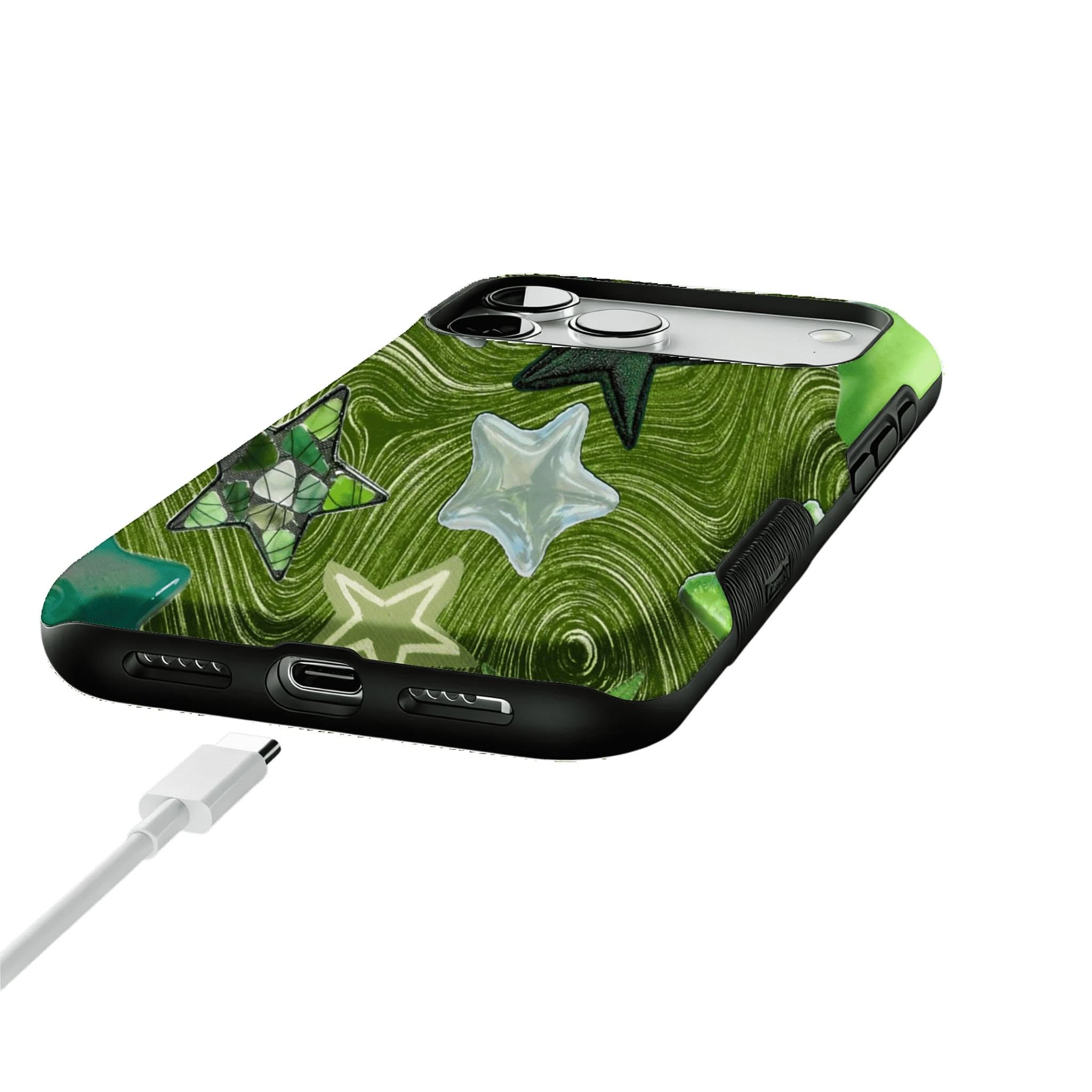 Cute Green Swirl Star Phone Case, Y2K Shockproof Anti-slip iPhone Cover
