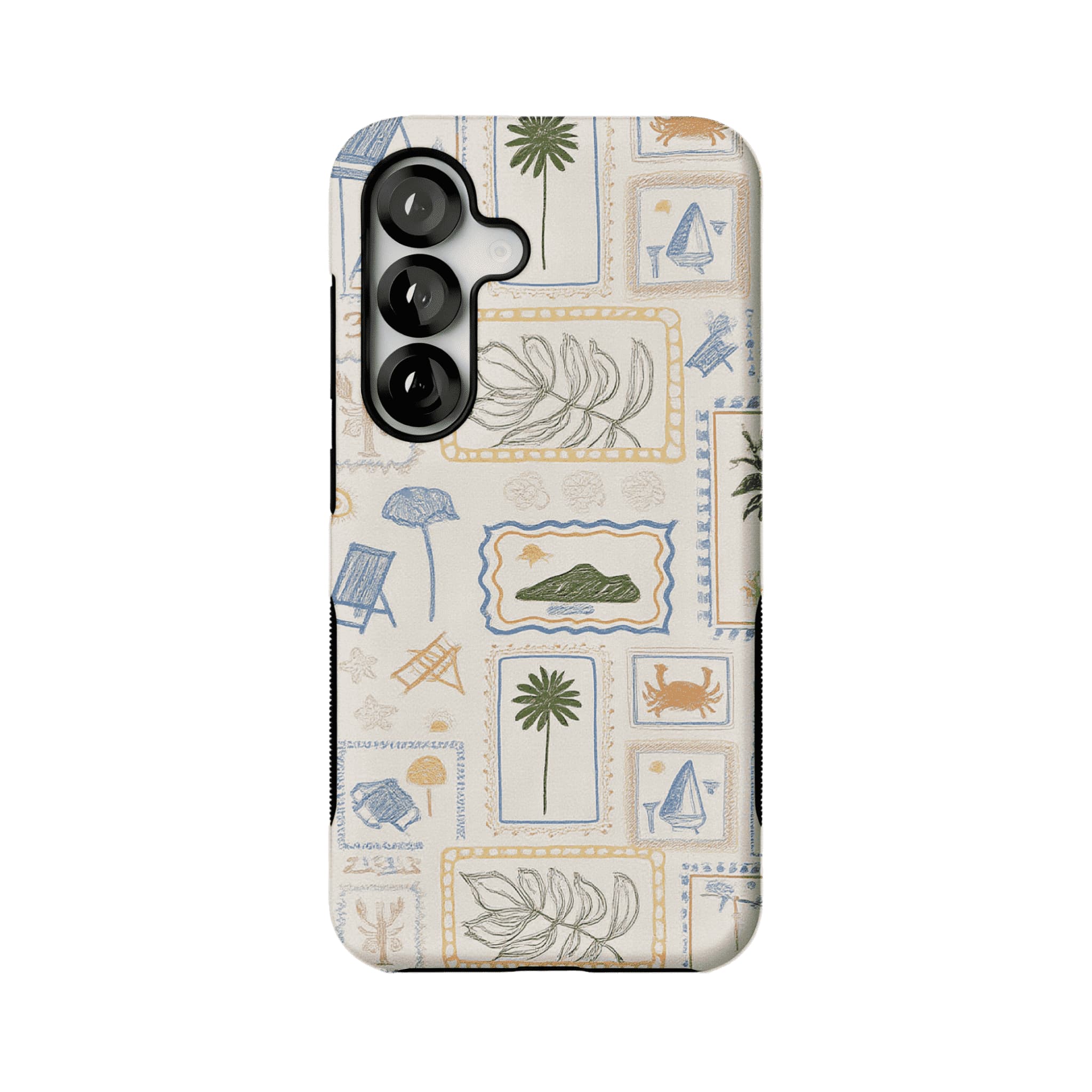 Hand Drawn Postage Stamp Beach Palm Crab Island Cream Base iPhone Cover