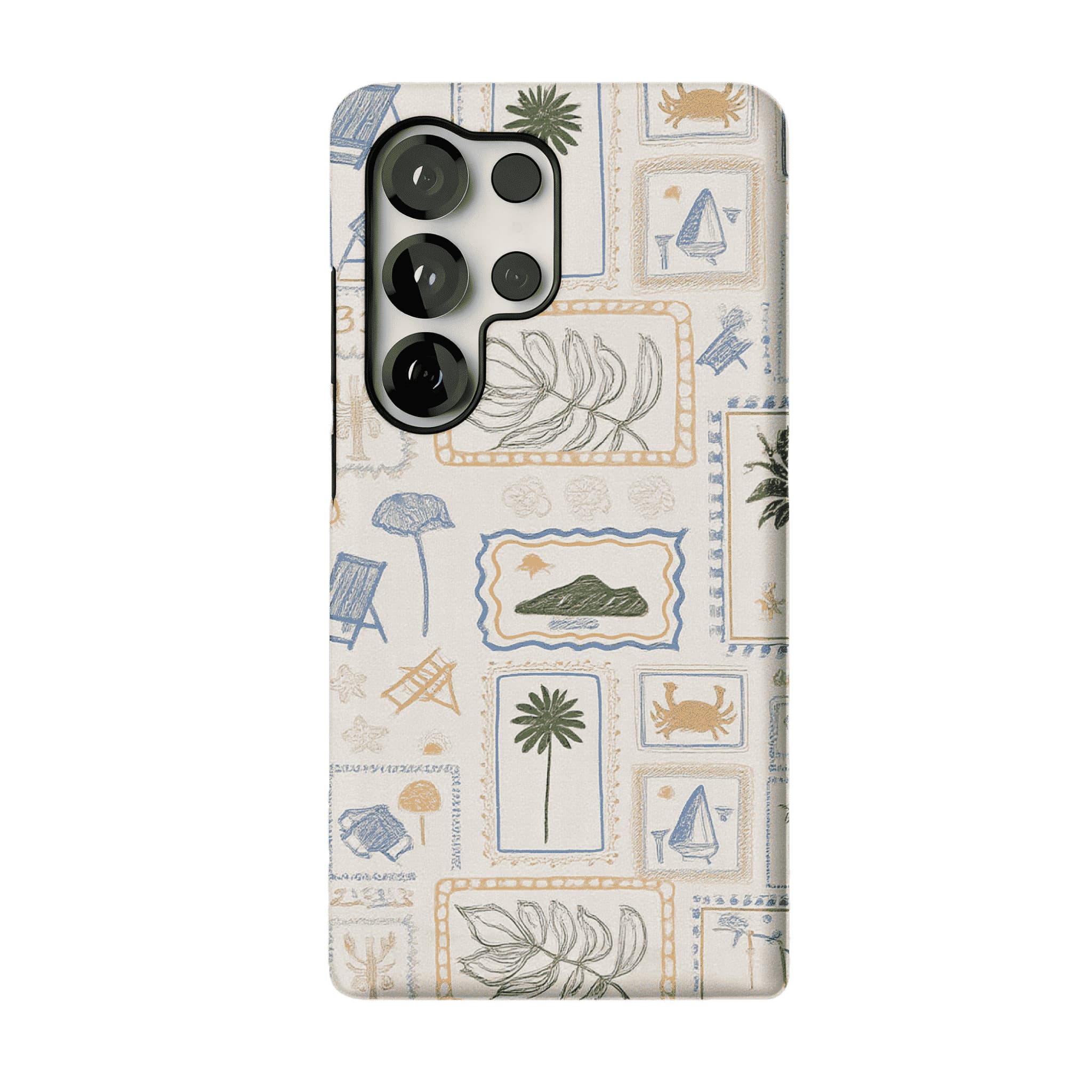 Hand Drawn Postage Stamp Beach Palm Crab Island Cream Base iPhone Cover