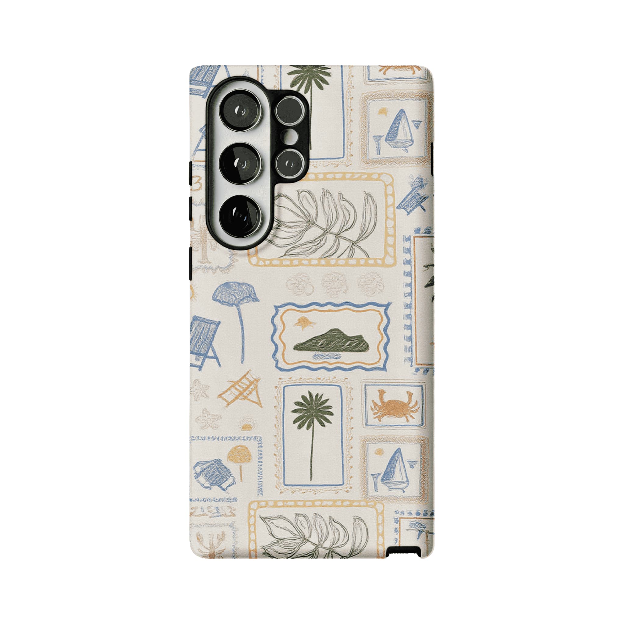 Hand Drawn Postage Stamp Beach Palm Crab Island Cream Base iPhone Cover