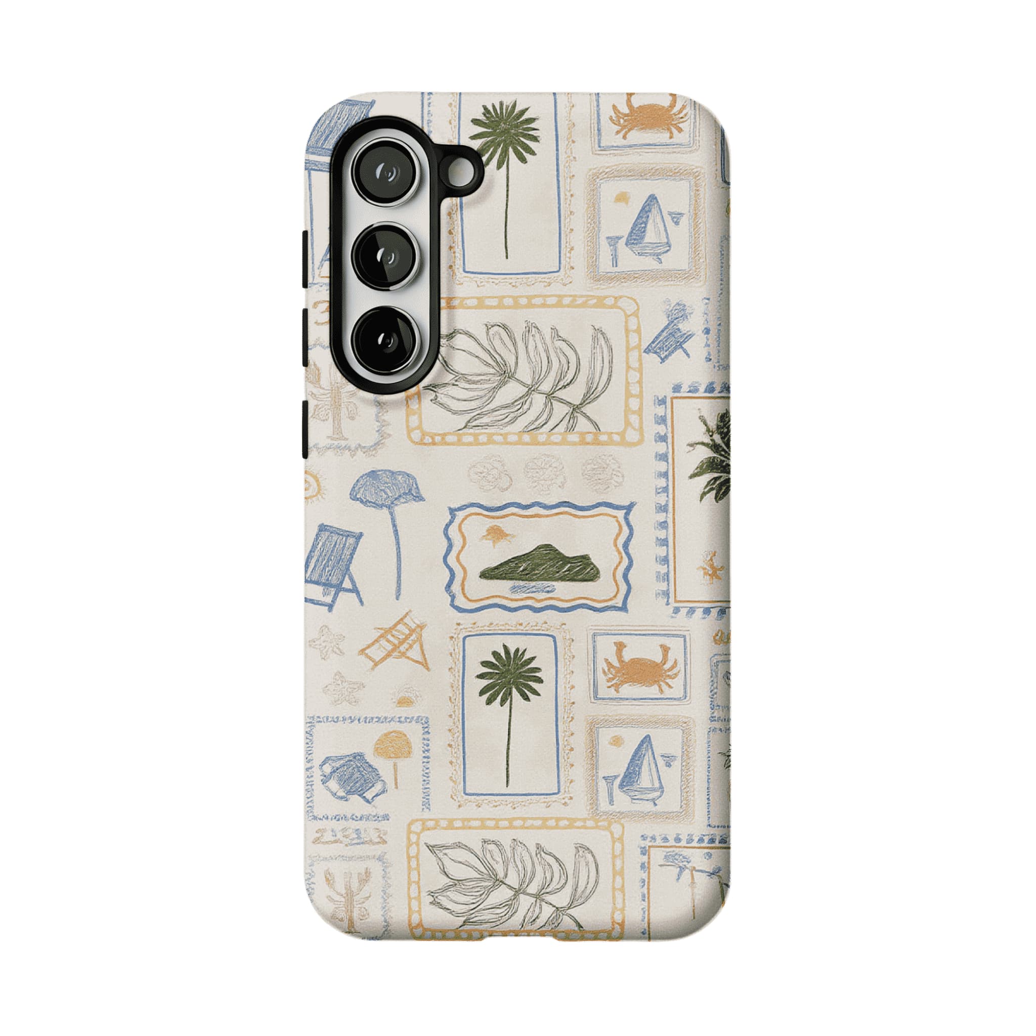 Hand Drawn Postage Stamp Beach Palm Crab Island Cream Base iPhone Cover