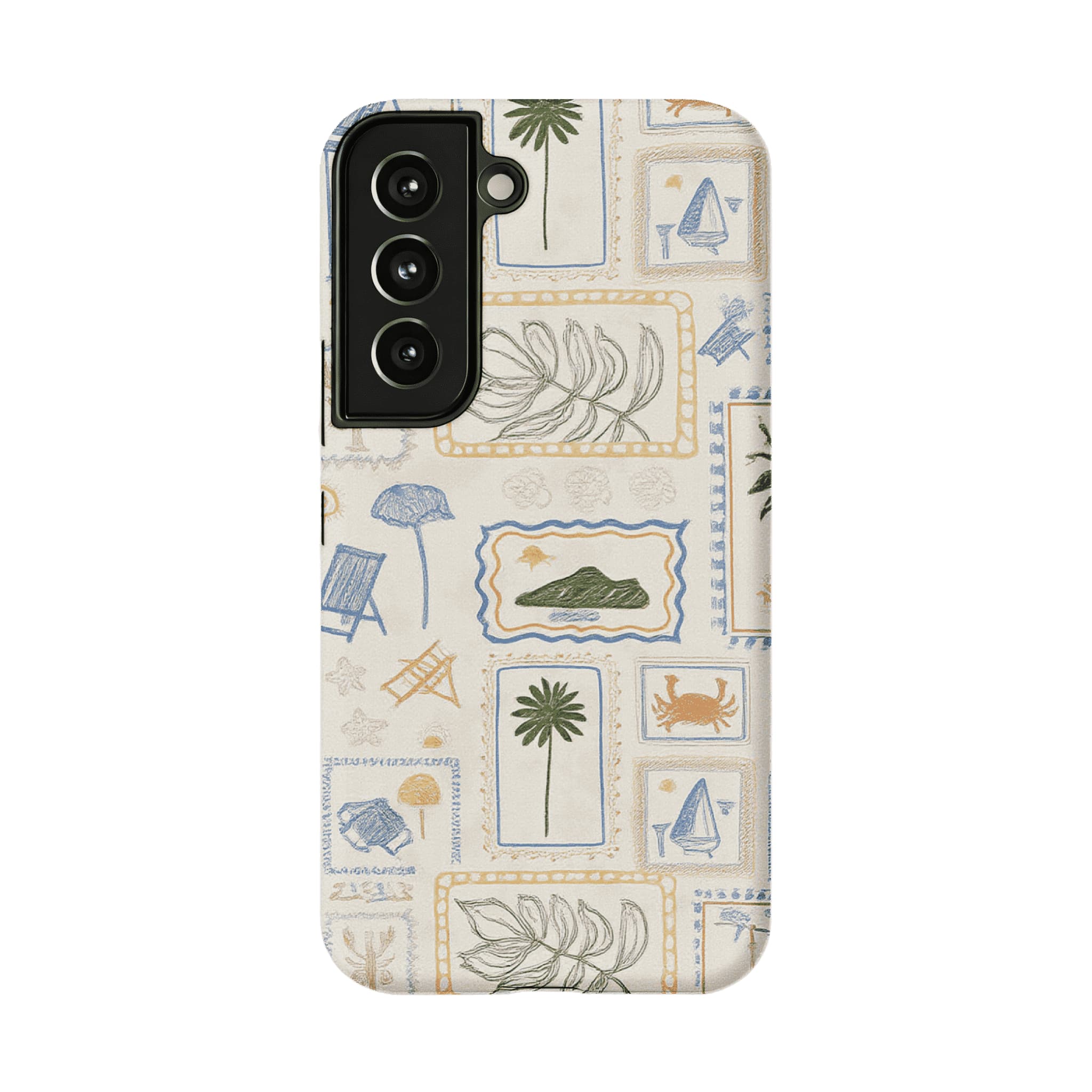 Hand Drawn Postage Stamp Beach Palm Crab Island Cream Base iPhone Cover