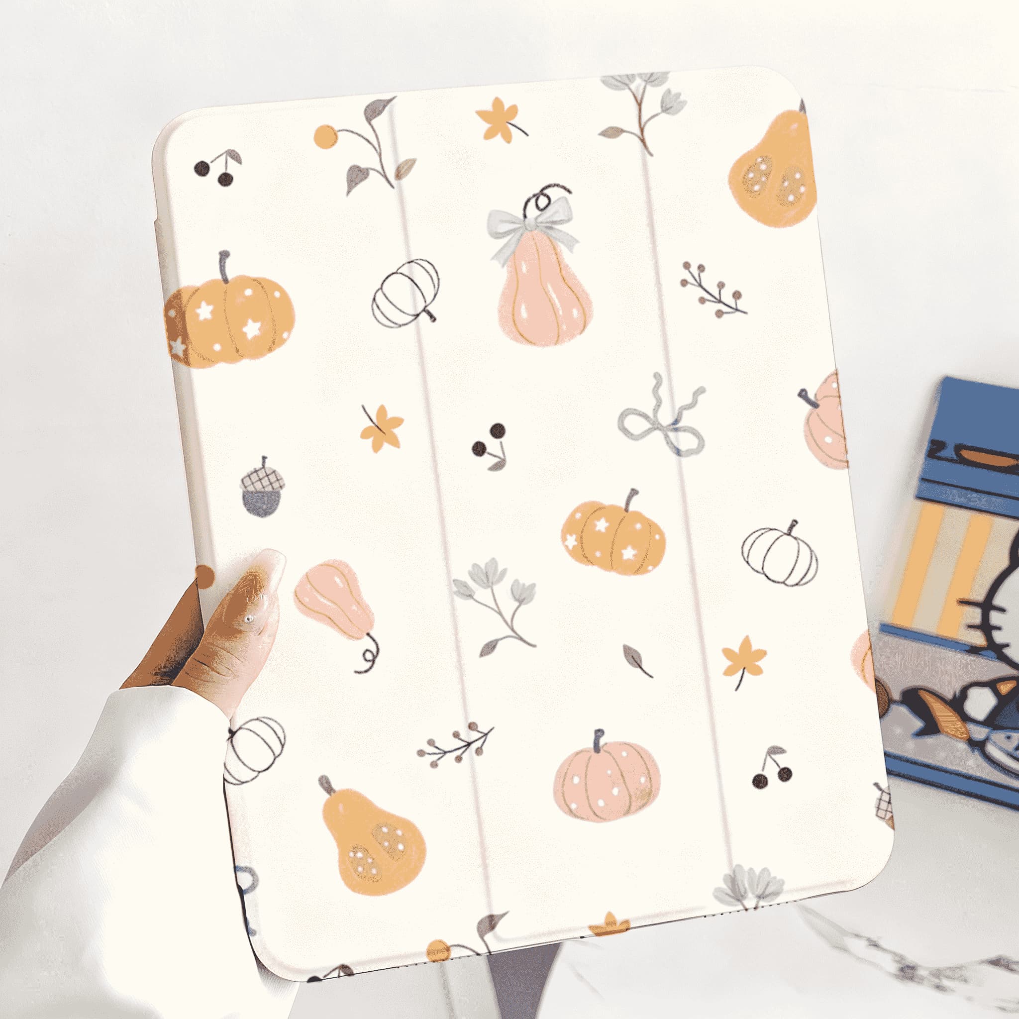 Cute Pink Orange Pumpkin Leaf Shockproof Magnetic Tri-Fold iPad Case