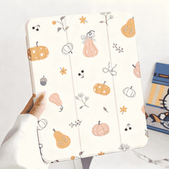 Cute Pink Orange Pumpkin Leaf Shockproof Magnetic Tri-Fold iPad Case