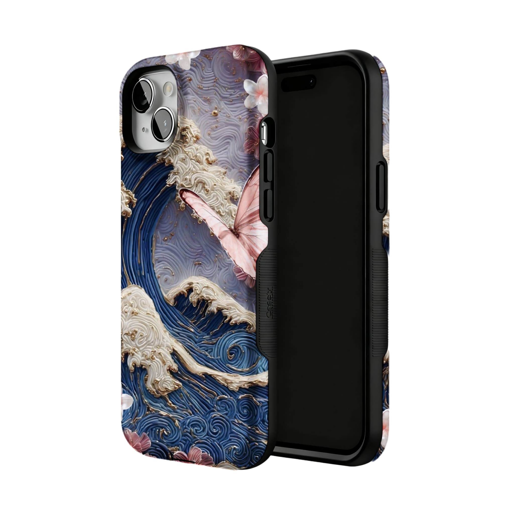 Japanese Wave Sakura 3D Embossed Phone Case | Luxury Butterfly Shockproof Cover