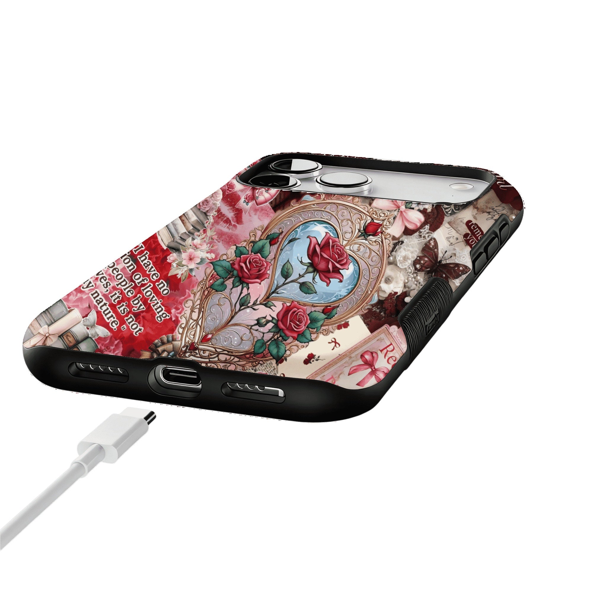 Vintage Victorian Red Rose Scrapbook Phone Case, Romantic iPhone Cover
