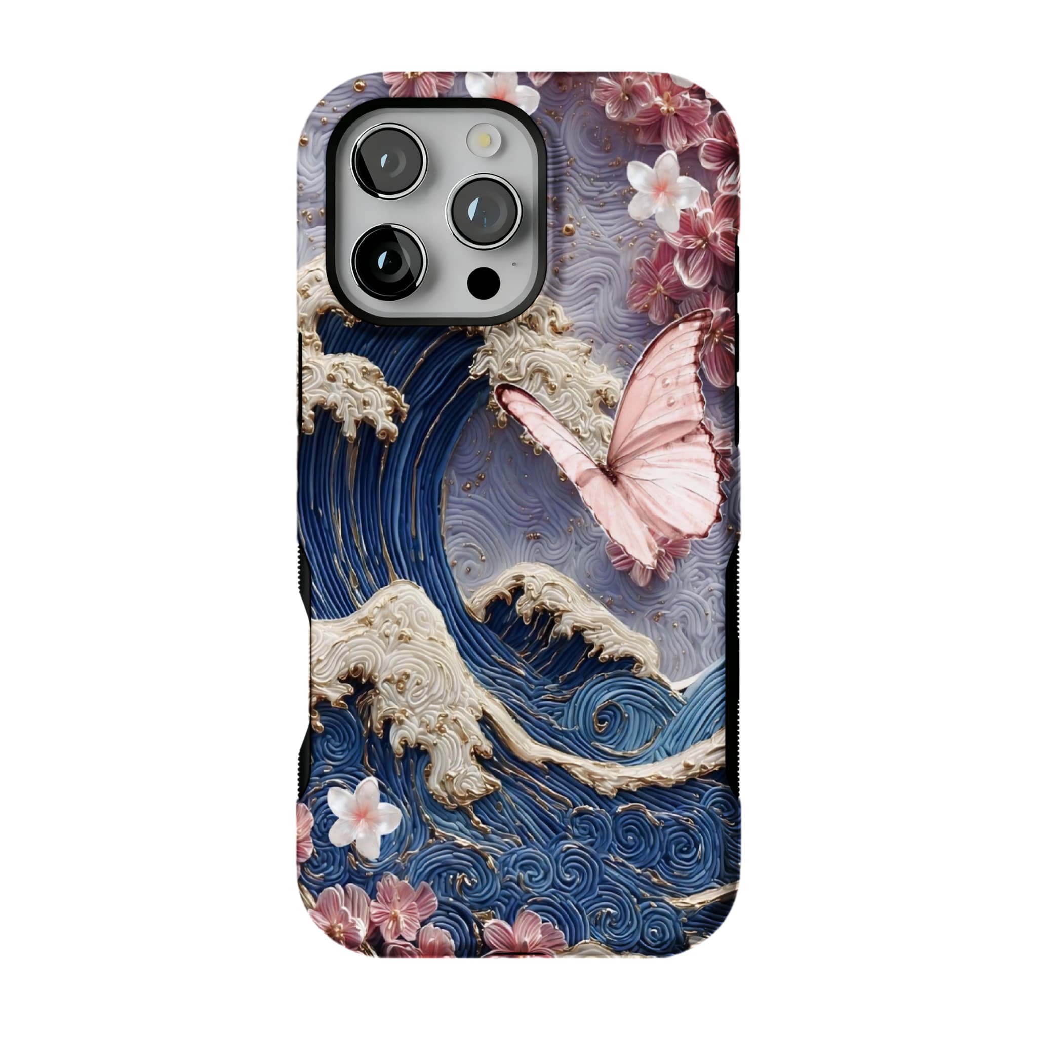 Japanese Wave Sakura 3D Embossed Phone Case | Luxury Butterfly Shockproof Cover
