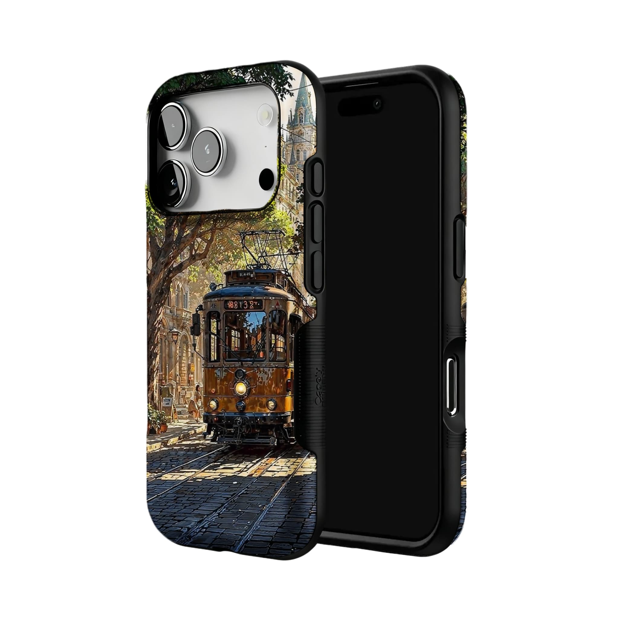 Old Town Tram Phone Case | Retro Cityscape Art Cover for Travel Lovers