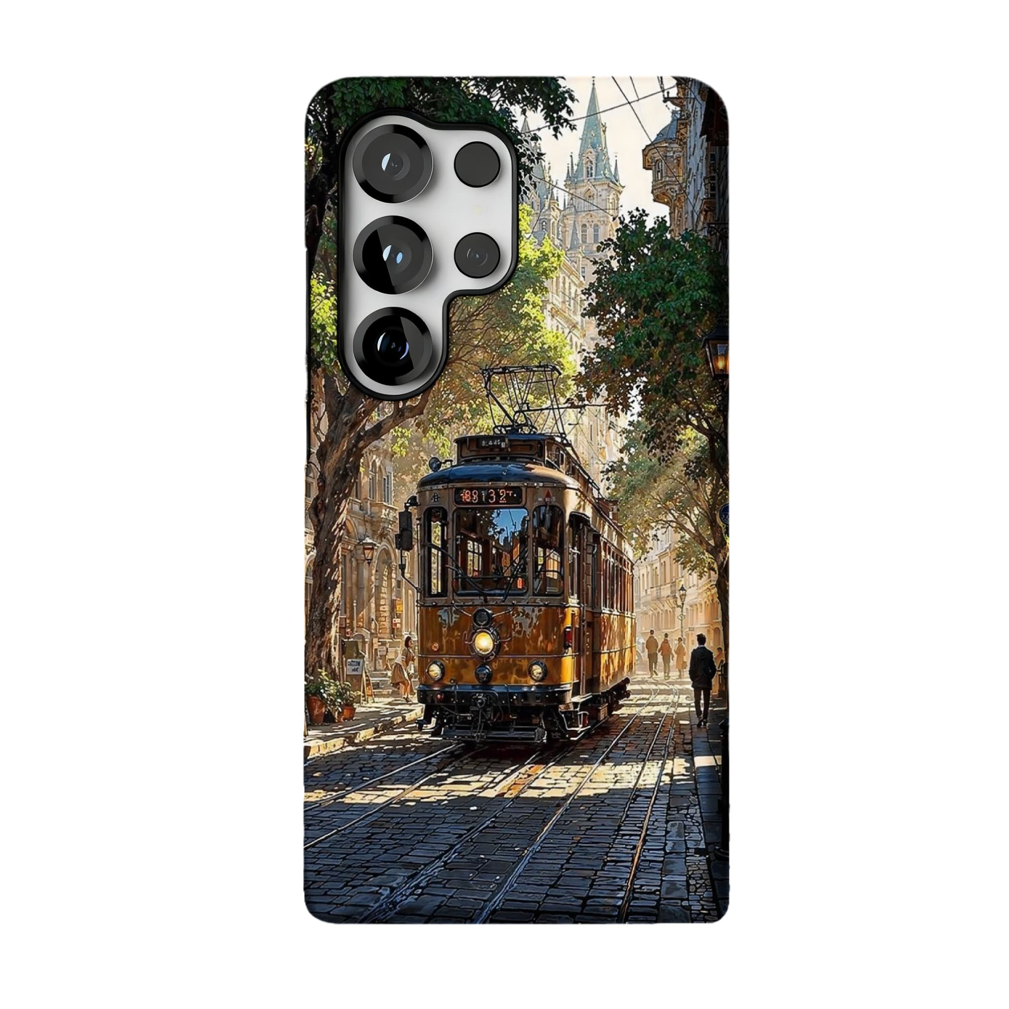 Old Town Tram Phone Case | Retro Cityscape Art Cover for Travel Lovers