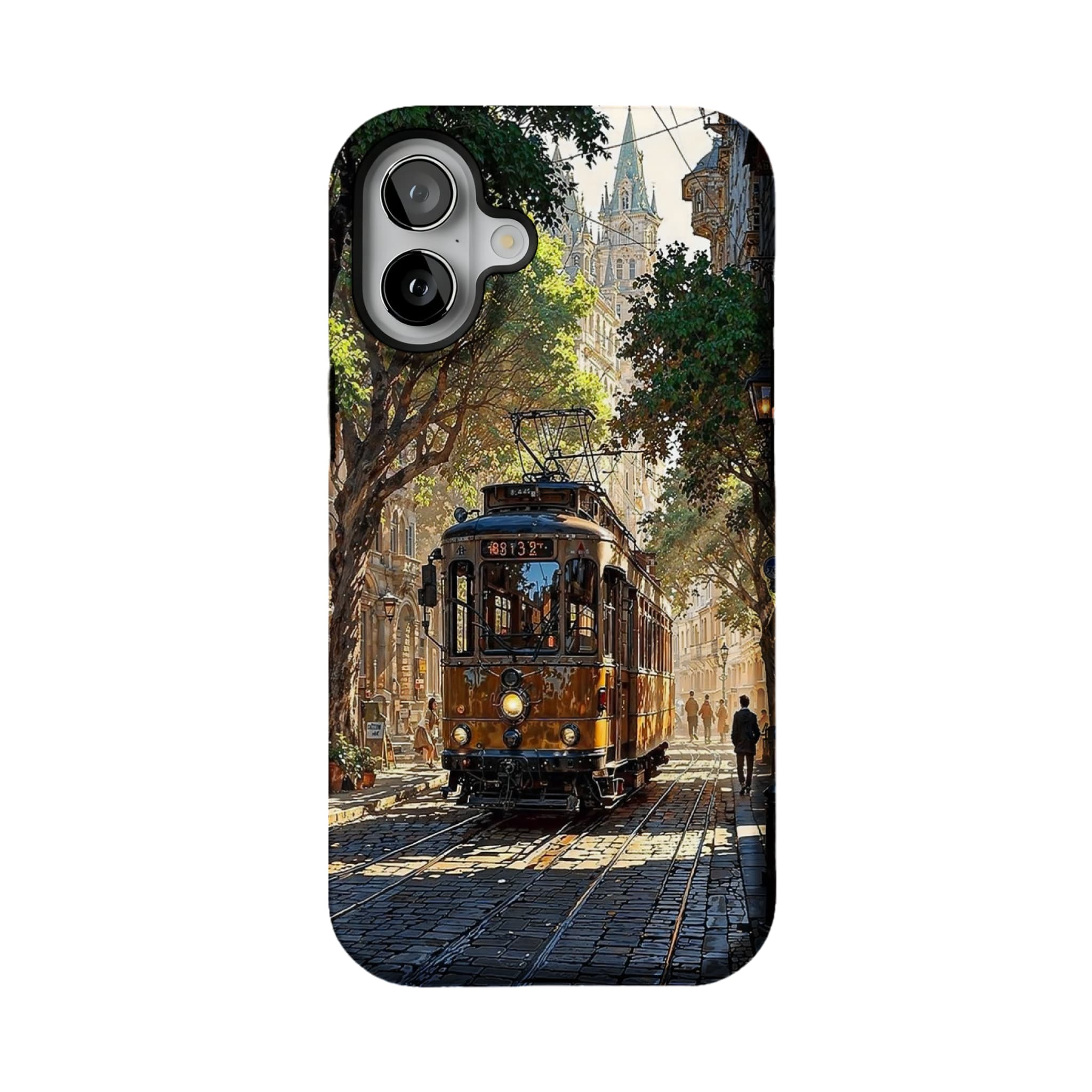 Old Town Tram Phone Case | Retro Cityscape Art Cover for Travel Lovers