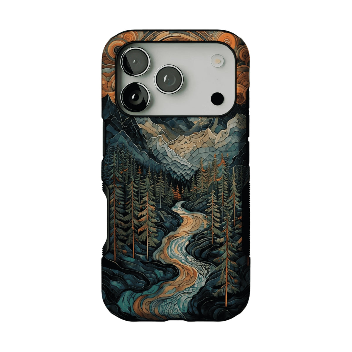 Woodcut Style Mountain Forest Anti-slip Shockproof Vintage iPhone Case