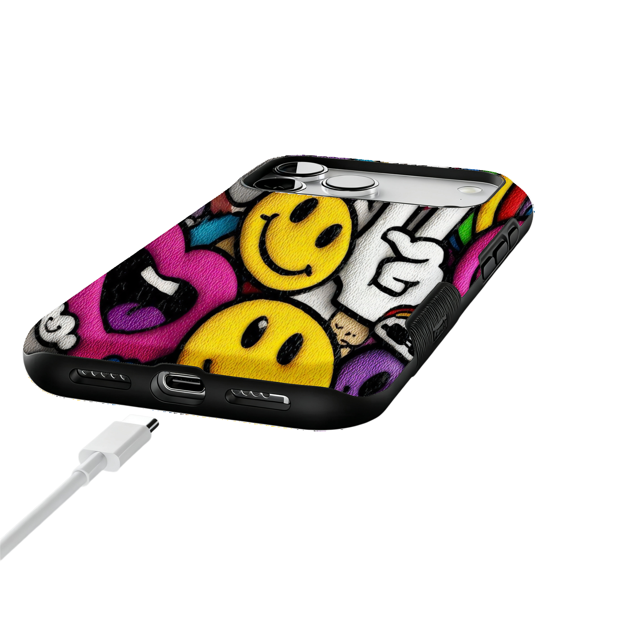 Y2K Smiley Graffiti Phone Case, Dopamine Cover for iPhone