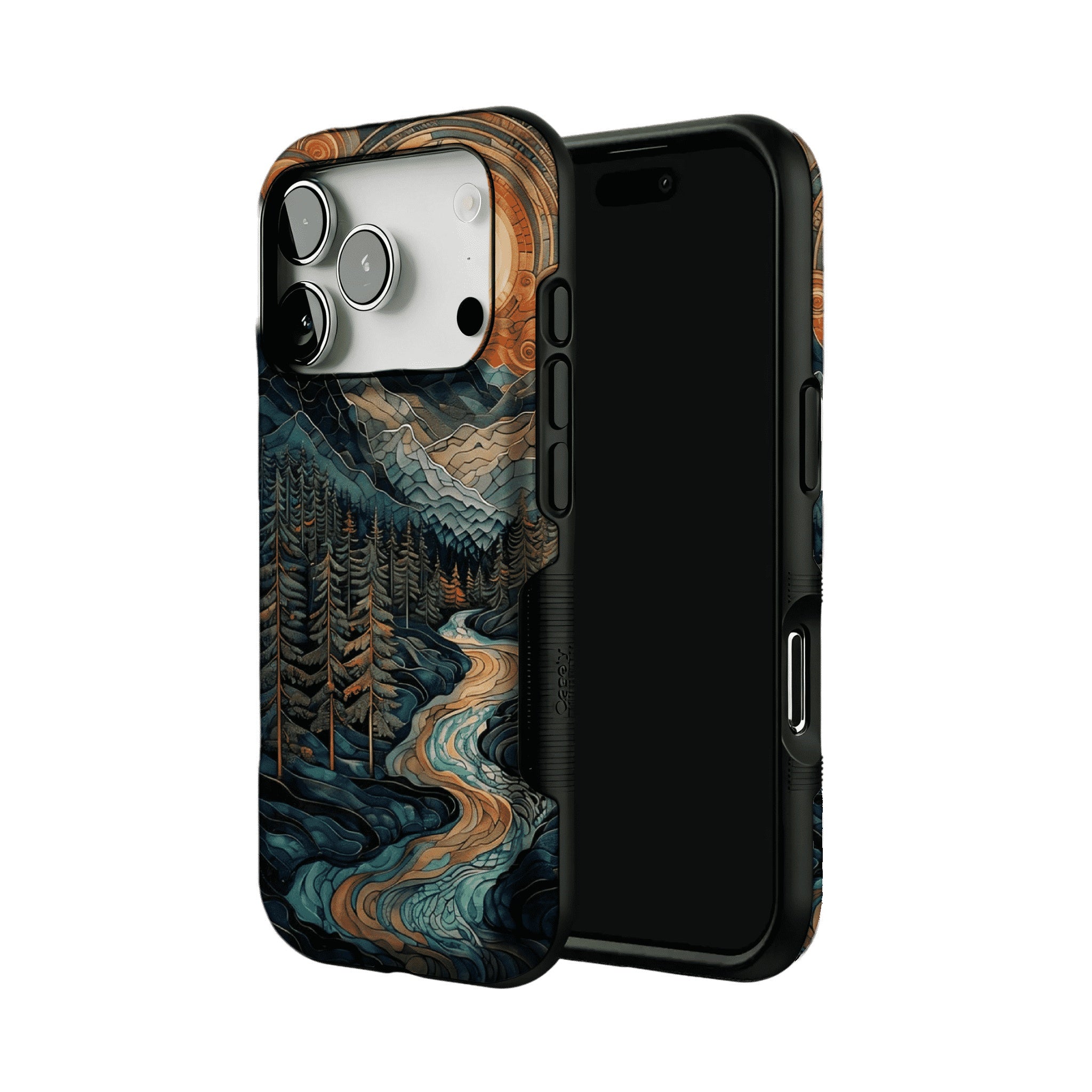 Woodcut Style Mountain Forest Anti-slip Shockproof Vintage iPhone Case