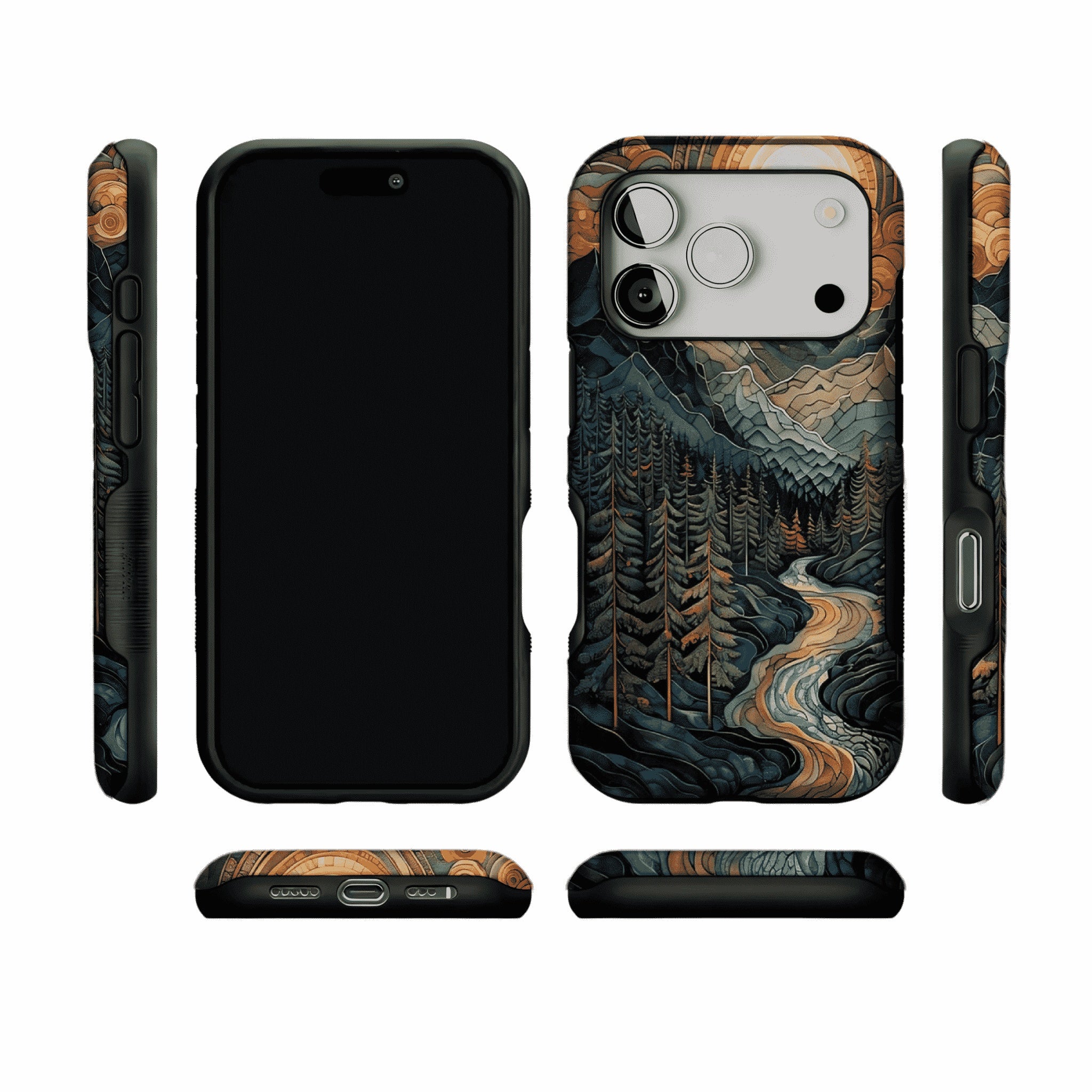 Woodcut Style Mountain Forest Anti-slip Shockproof Vintage iPhone Case