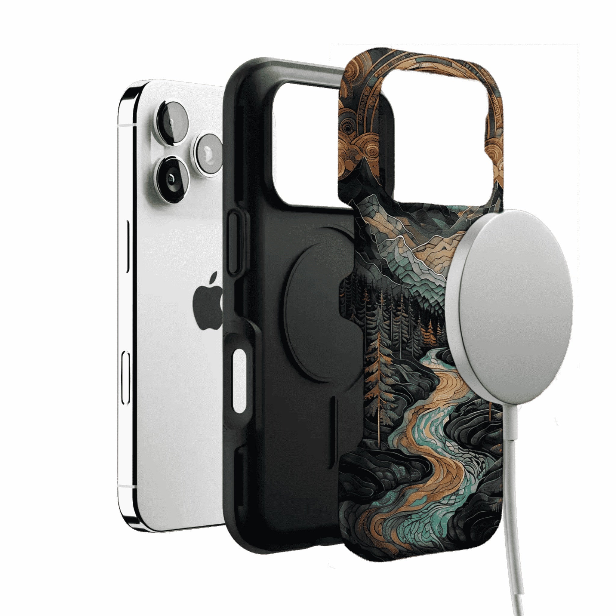 Woodcut Style Mountain Forest Anti-slip Shockproof Vintage iPhone Case